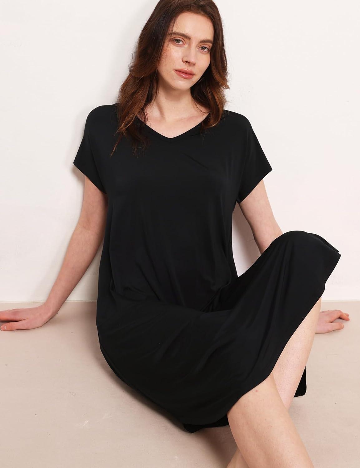 imageGYS Premium Bamboo Viscose Womens Nightgowns Short Sleeve V Neck Summer Pajama DressBlack