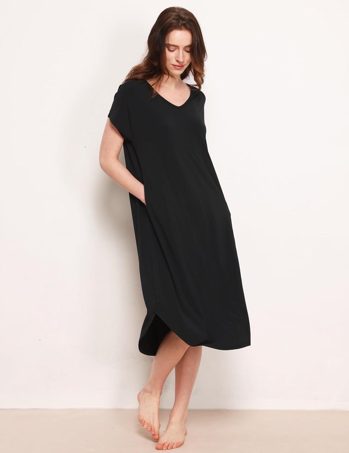 imageGYS Premium Bamboo Viscose Womens Nightgowns Short Sleeve V Neck Summer Pajama DressBlack