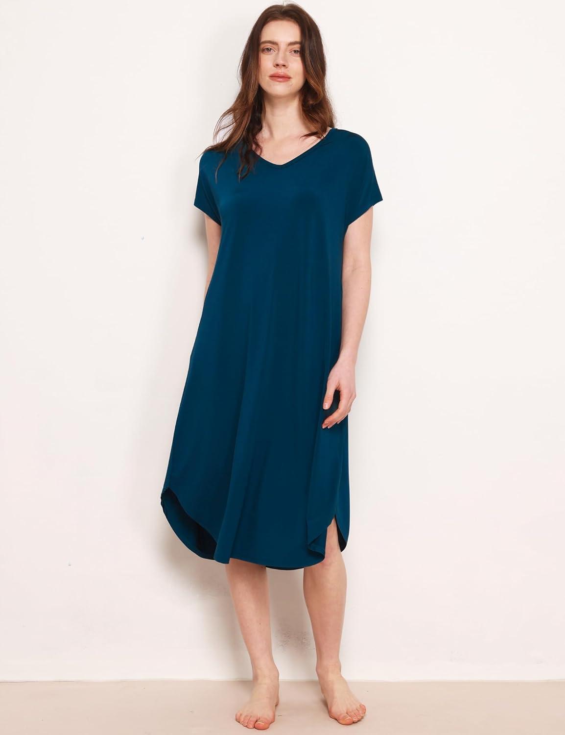 imageGYS Premium Bamboo Viscose Womens Nightgowns Short Sleeve V Neck Summer Pajama DressInk Blue
