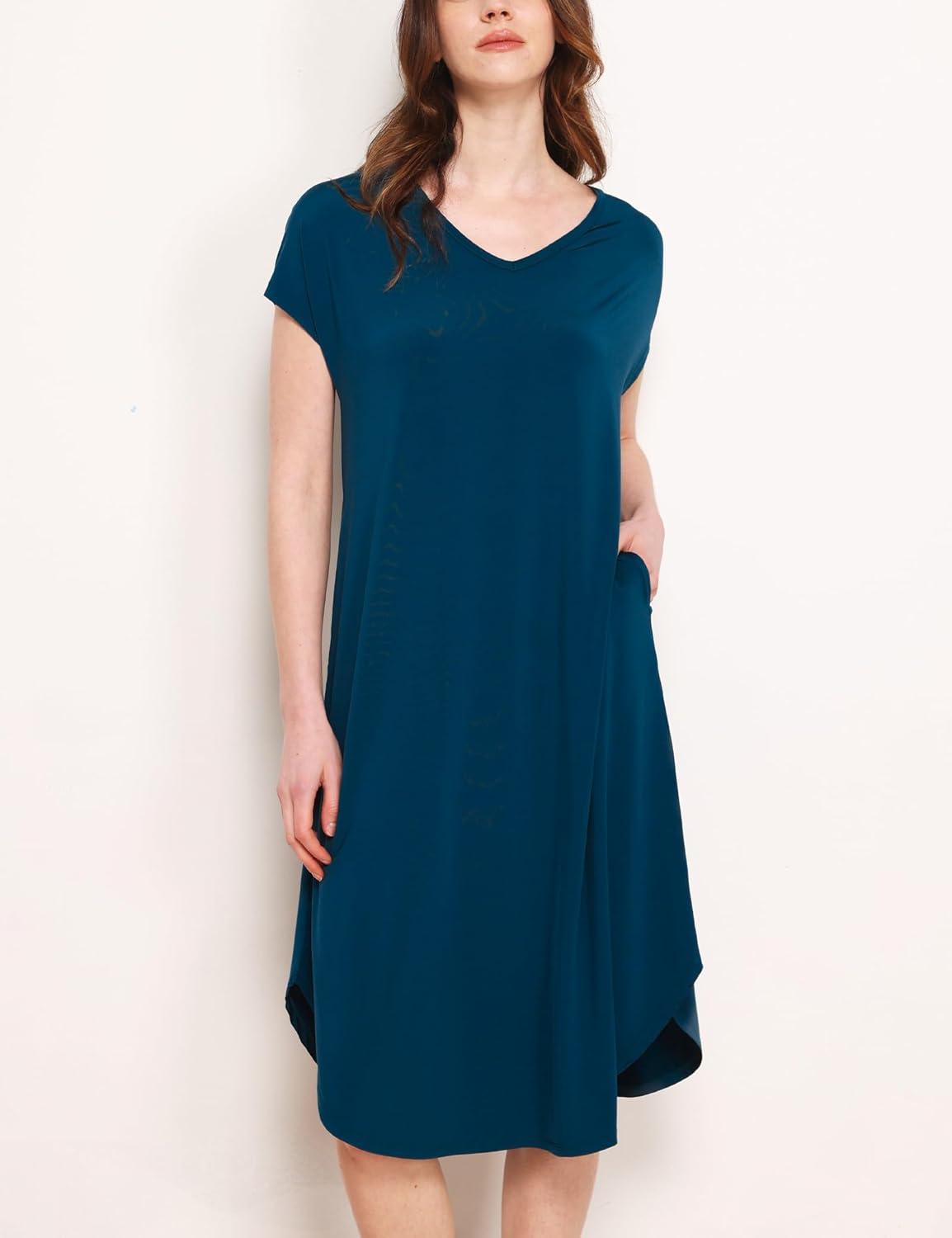 imageGYS Premium Bamboo Viscose Womens Nightgowns Short Sleeve V Neck Summer Pajama DressInk Blue