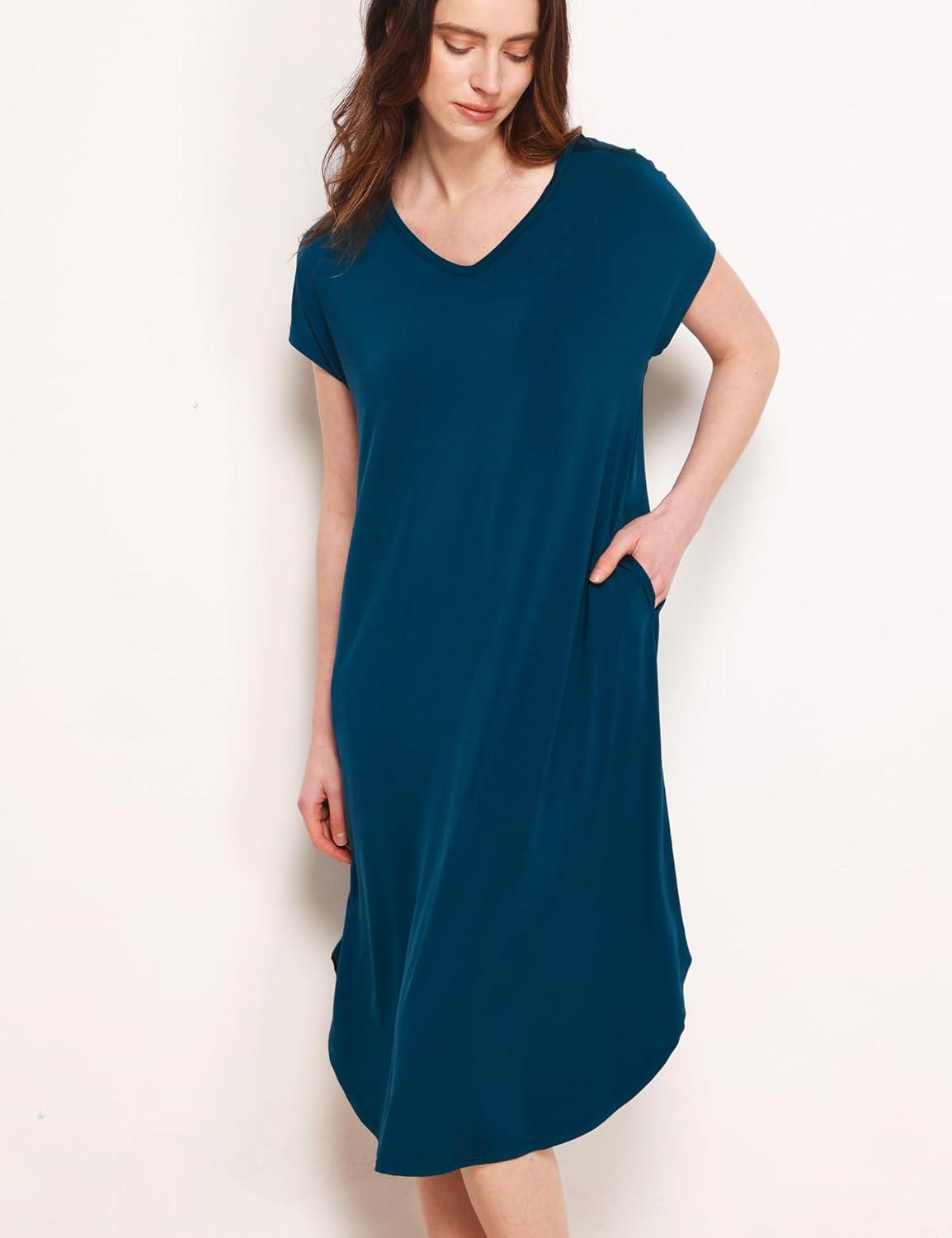 imageGYS Premium Bamboo Viscose Womens Nightgowns Short Sleeve V Neck Summer Pajama DressInk Blue