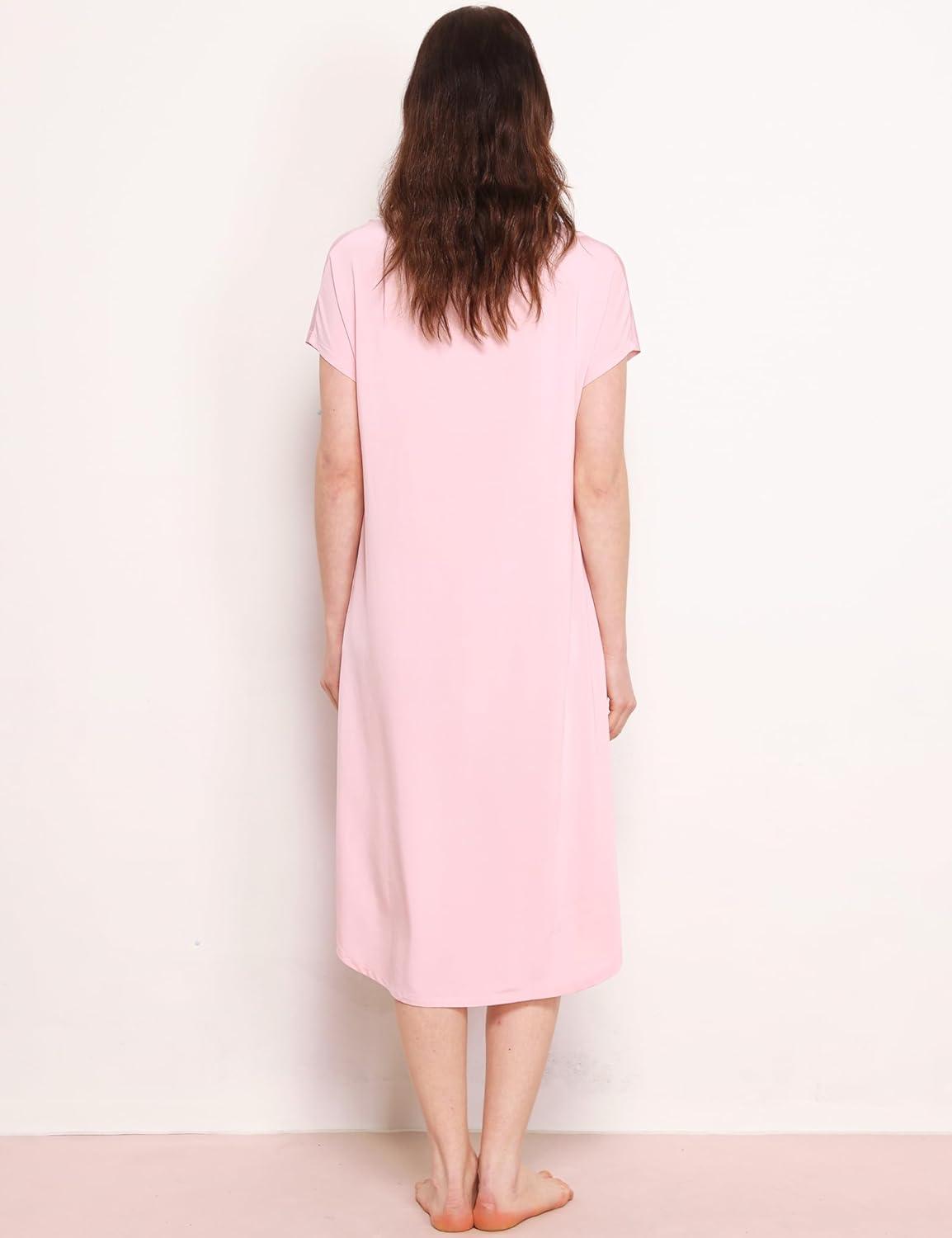 imageGYS Premium Bamboo Viscose Womens Nightgowns Short Sleeve V Neck Summer Pajama DressPink