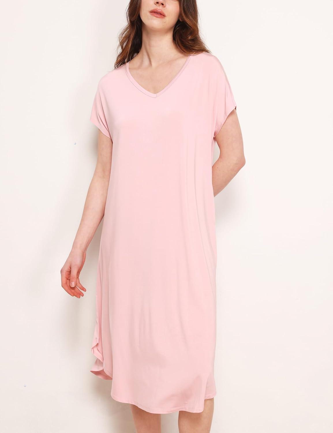 imageGYS Premium Bamboo Viscose Womens Nightgowns Short Sleeve V Neck Summer Pajama DressPink