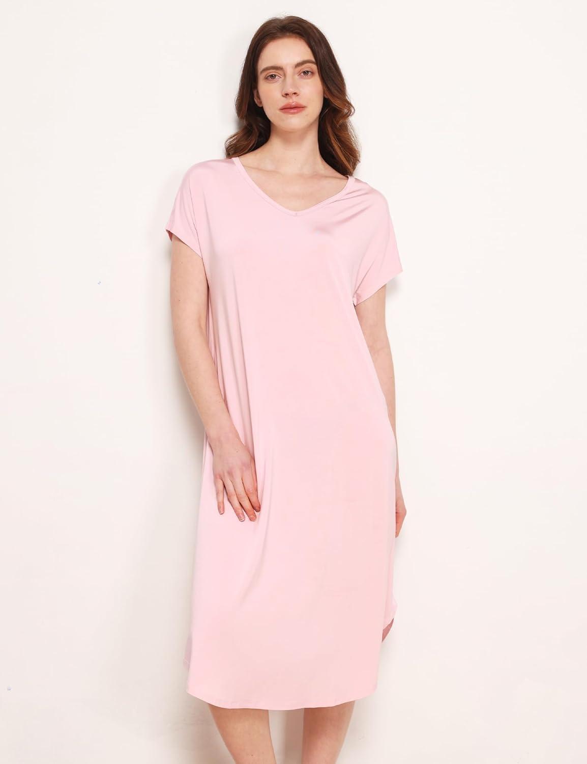 imageGYS Premium Bamboo Viscose Womens Nightgowns Short Sleeve V Neck Summer Pajama DressPink