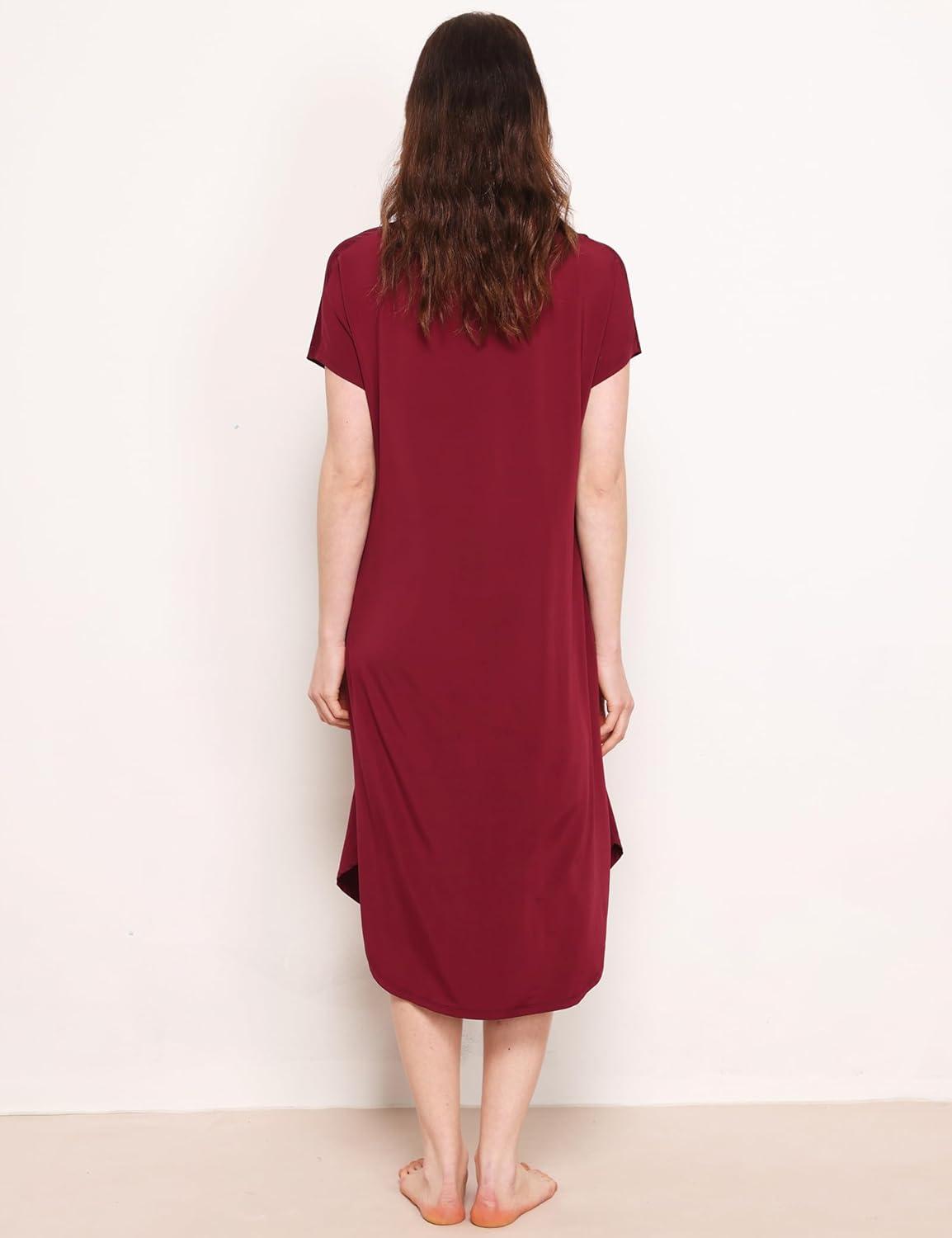 imageGYS Premium Bamboo Viscose Womens Nightgowns Short Sleeve V Neck Summer Pajama DressWine Red