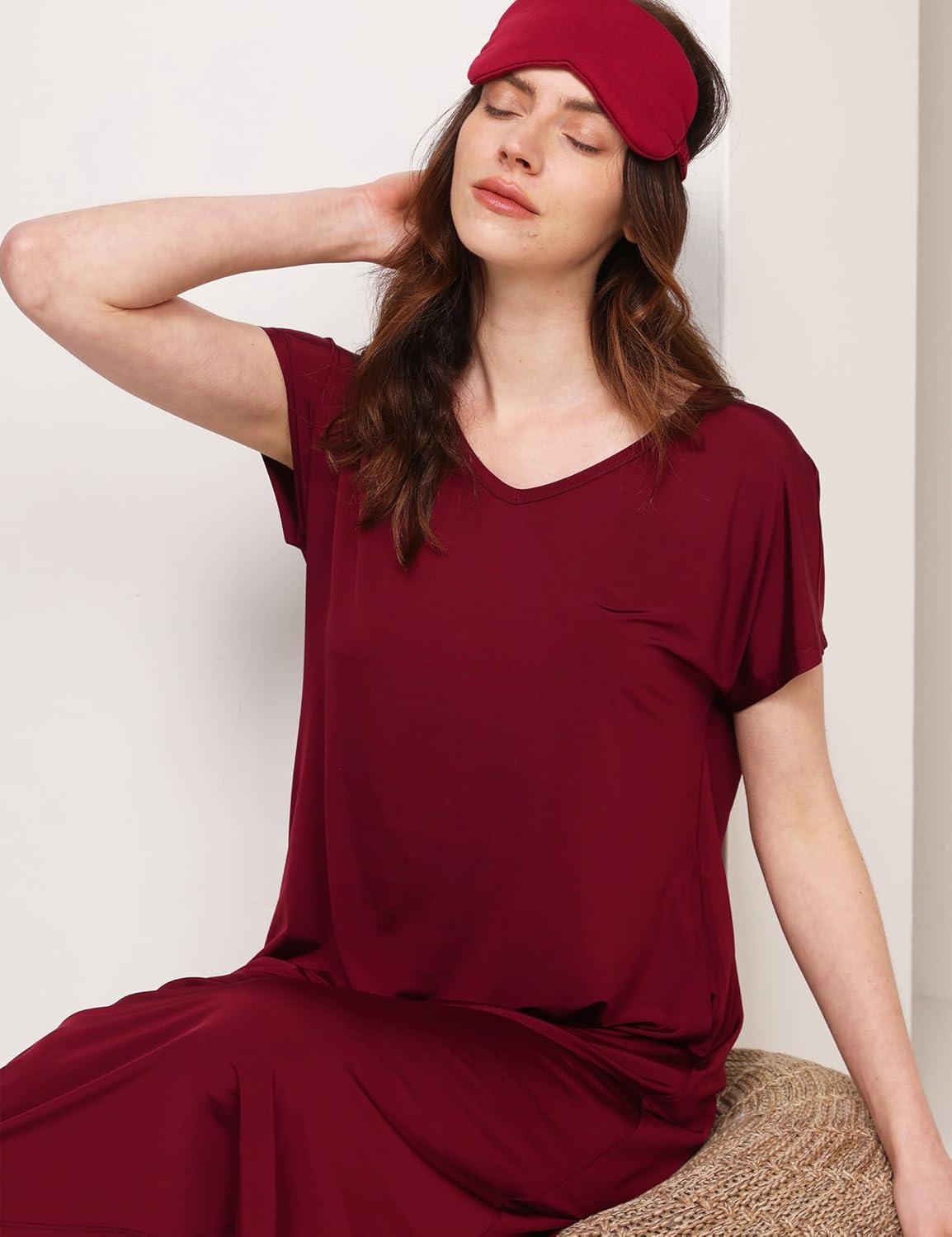 imageGYS Premium Bamboo Viscose Womens Nightgowns Short Sleeve V Neck Summer Pajama DressWine Red