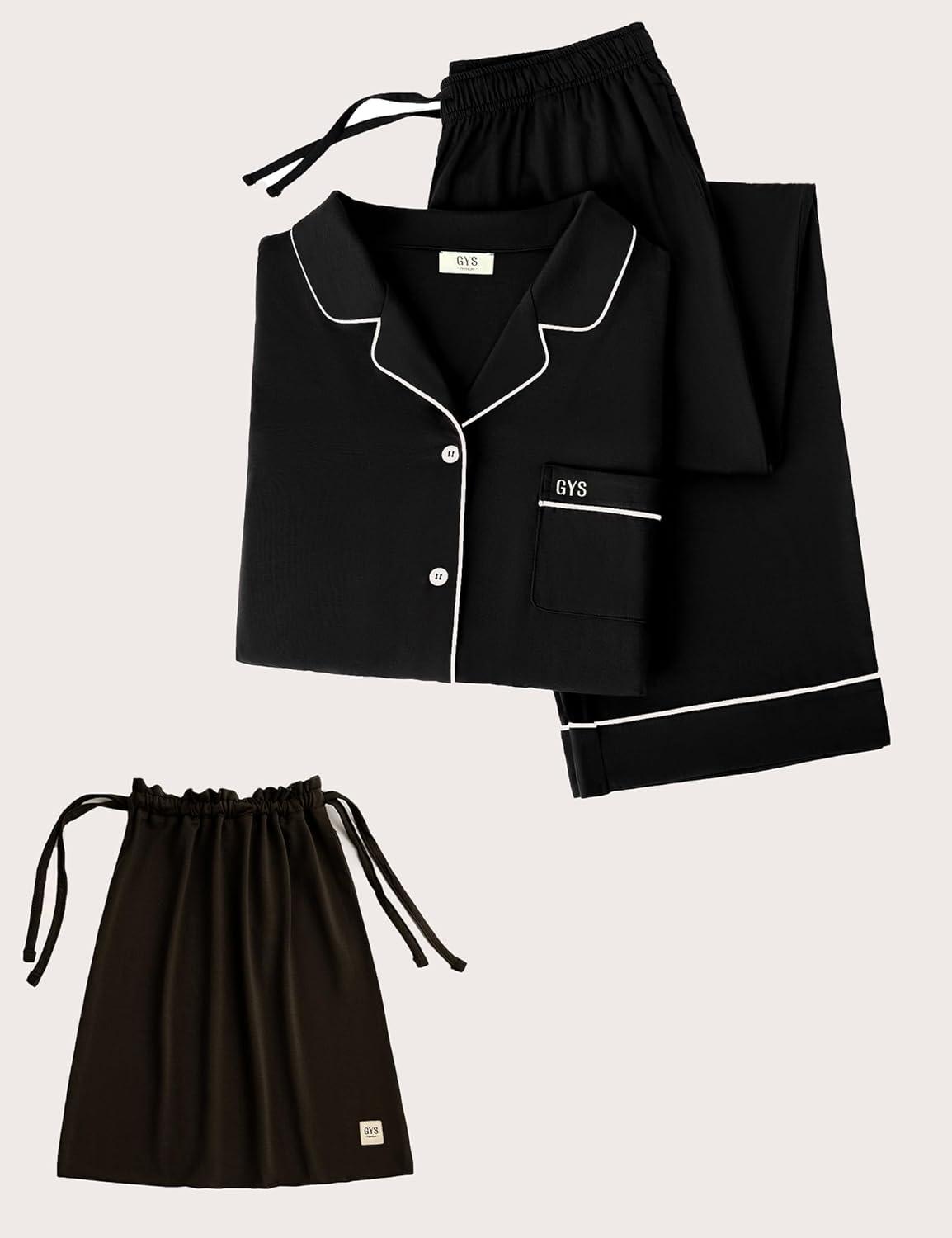 imageGYS Premium Bamboo Viscose Womens Pajama Sets Long Sleeve Button Down 2 Pieces Sleep SetsBlack