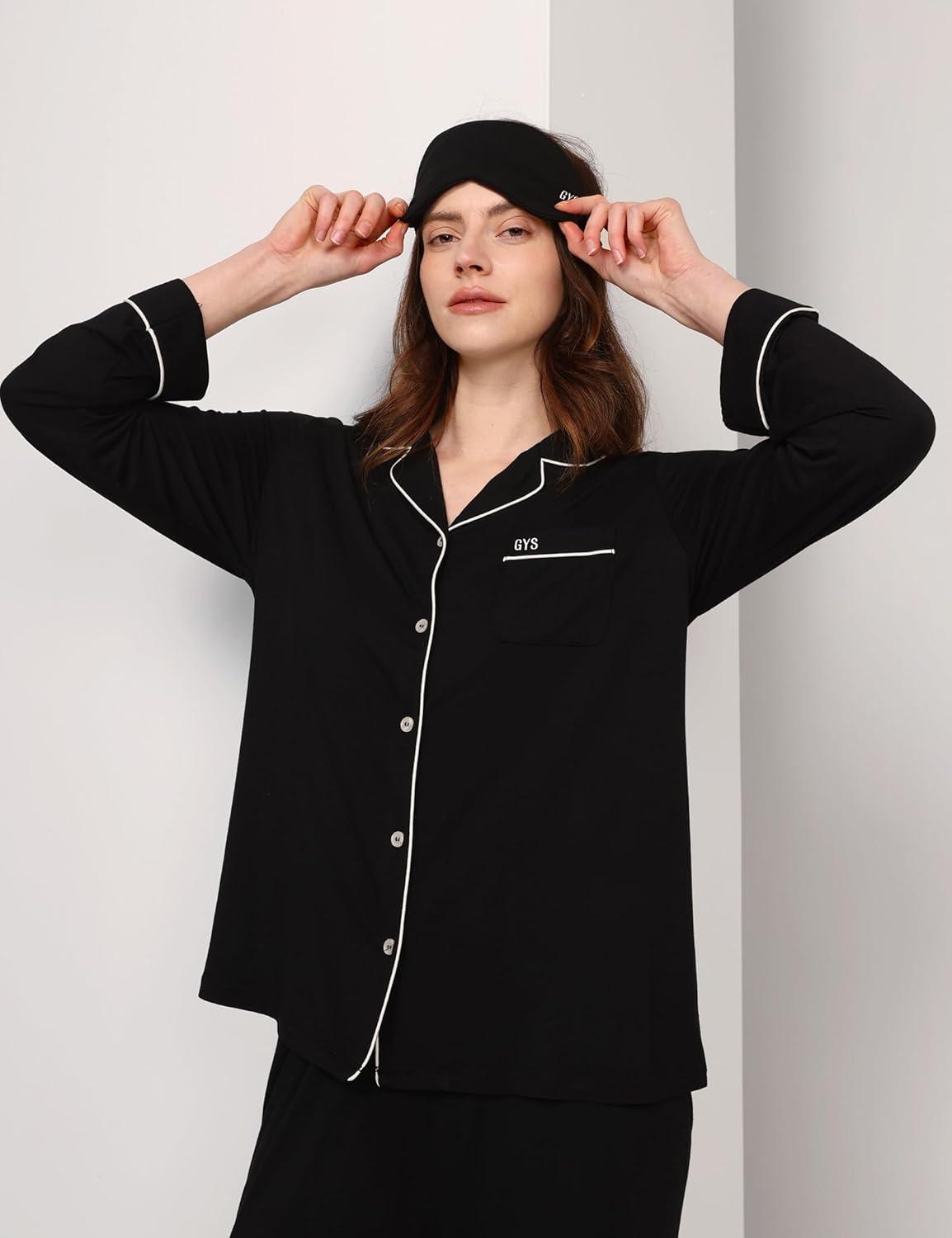 imageGYS Premium Bamboo Viscose Womens Pajama Sets Long Sleeve Button Down 2 Pieces Sleep SetsBlack