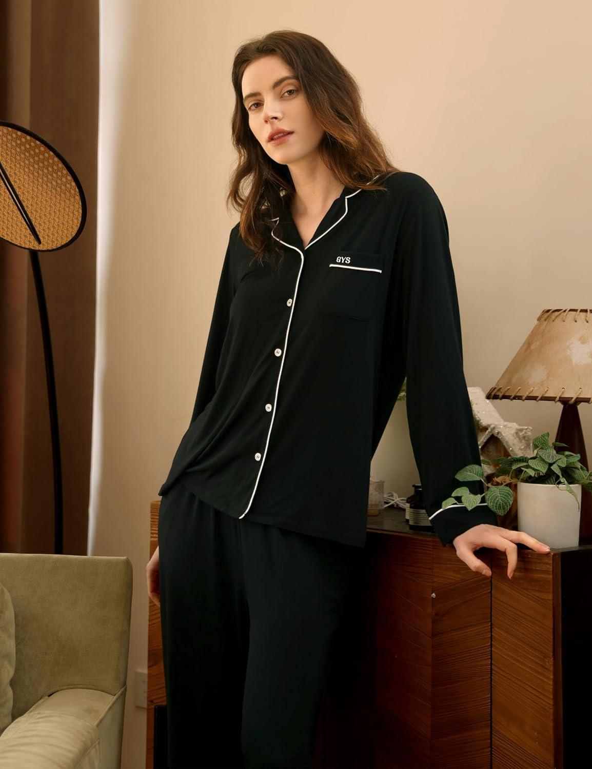imageGYS Premium Bamboo Viscose Womens Pajama Sets Long Sleeve Button Down 2 Pieces Sleep SetsBlack