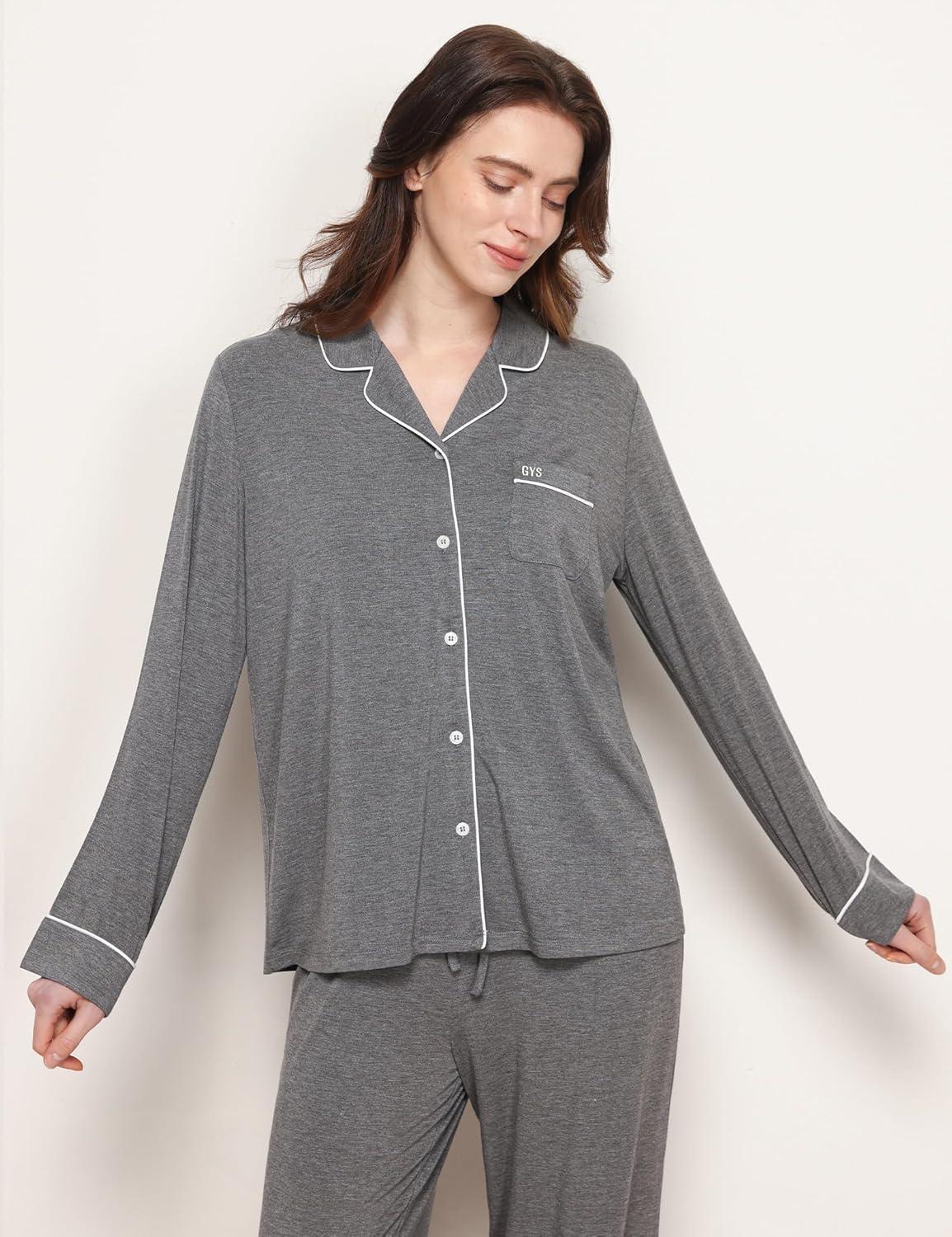 imageGYS Premium Bamboo Viscose Womens Pajama Sets Long Sleeve Button Down 2 Pieces Sleep SetsDark Heather Grey