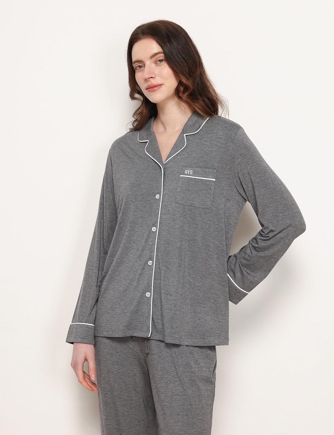 imageGYS Premium Bamboo Viscose Womens Pajama Sets Long Sleeve Button Down 2 Pieces Sleep SetsDark Heather Grey