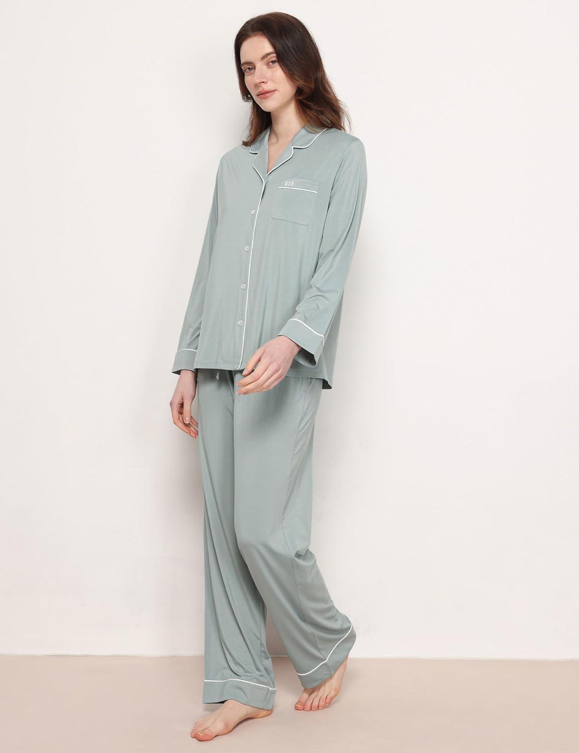 imageGYS Premium Bamboo Viscose Womens Pajama Sets Long Sleeve Button Down 2 Pieces Sleep SetsLight Greyish Green