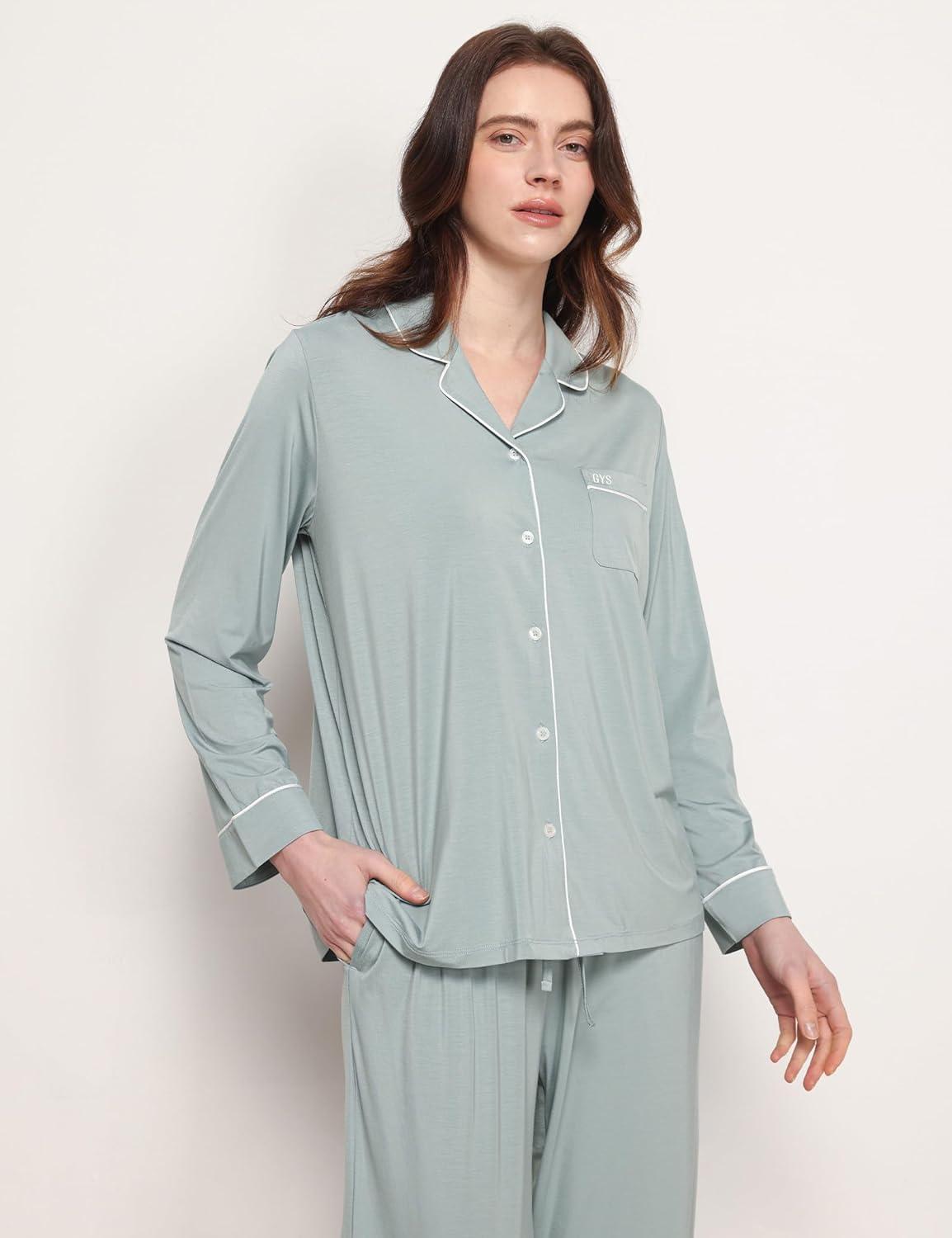 imageGYS Premium Bamboo Viscose Womens Pajama Sets Long Sleeve Button Down 2 Pieces Sleep SetsLight Greyish Green