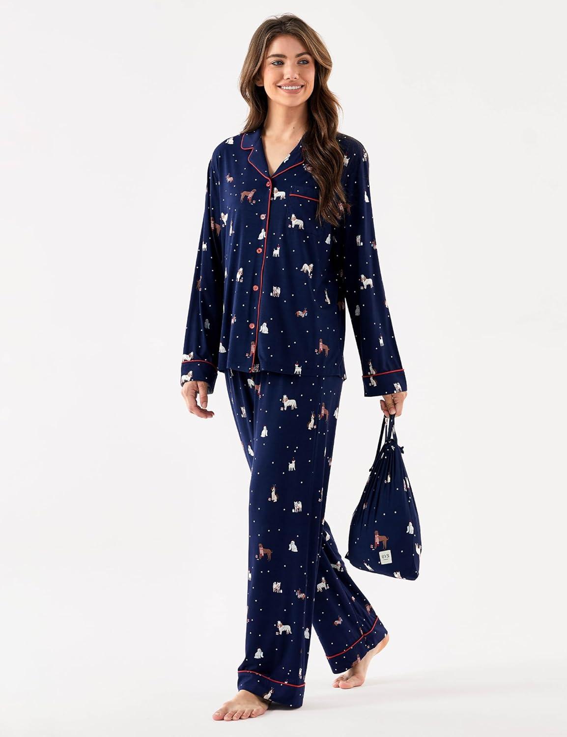 imageGYS Premium Bamboo Viscose Womens Pajama Sets Long Sleeve Button Down 2 Pieces Sleep SetsNavy Christmas Puppy