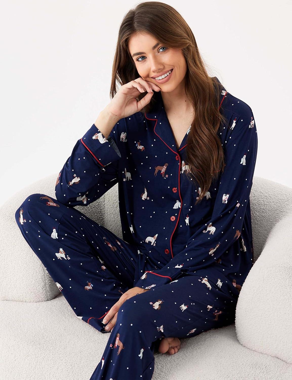 imageGYS Premium Bamboo Viscose Womens Pajama Sets Long Sleeve Button Down 2 Pieces Sleep SetsNavy Christmas Puppy