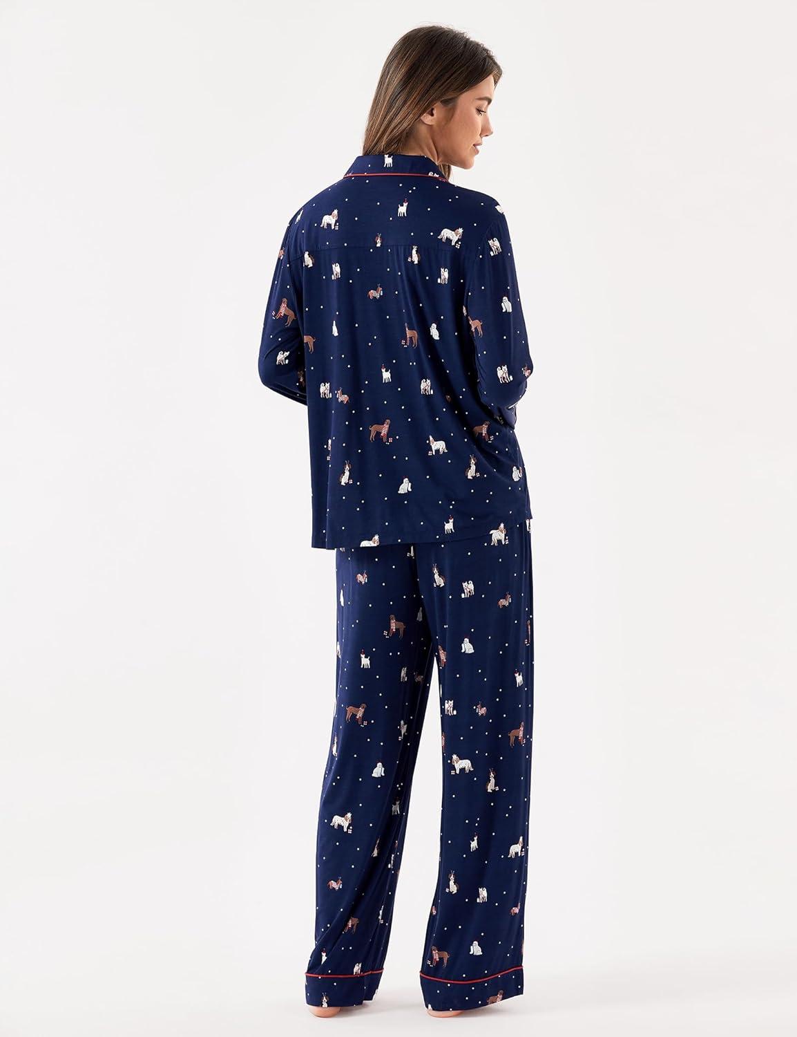 imageGYS Premium Bamboo Viscose Womens Pajama Sets Long Sleeve Button Down 2 Pieces Sleep SetsNavy Christmas Puppy