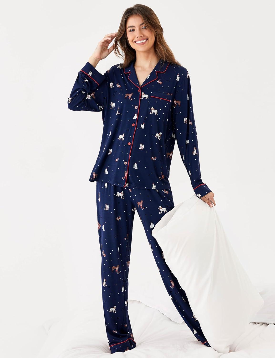 imageGYS Premium Bamboo Viscose Womens Pajama Sets Long Sleeve Button Down 2 Pieces Sleep SetsNavy Christmas Puppy