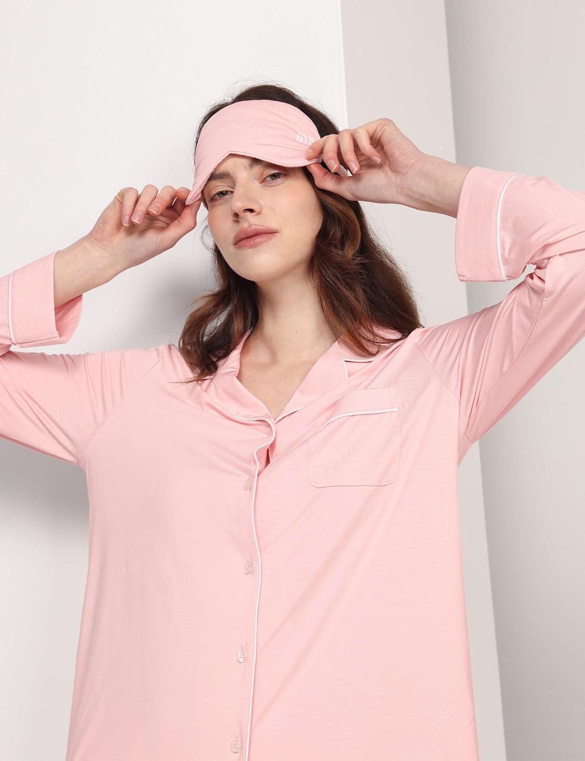 imageGYS Premium Bamboo Viscose Womens Pajama Sets Long Sleeve Button Down 2 Pieces Sleep SetsPink