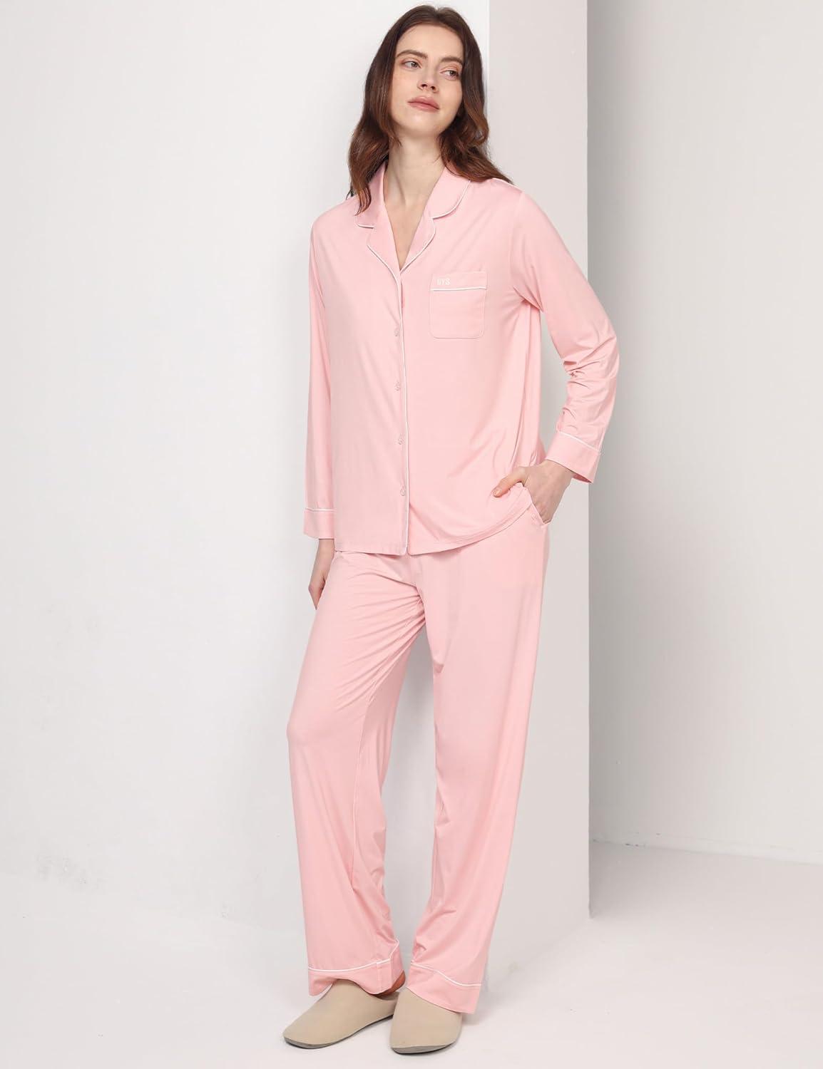 imageGYS Premium Bamboo Viscose Womens Pajama Sets Long Sleeve Button Down 2 Pieces Sleep SetsPink
