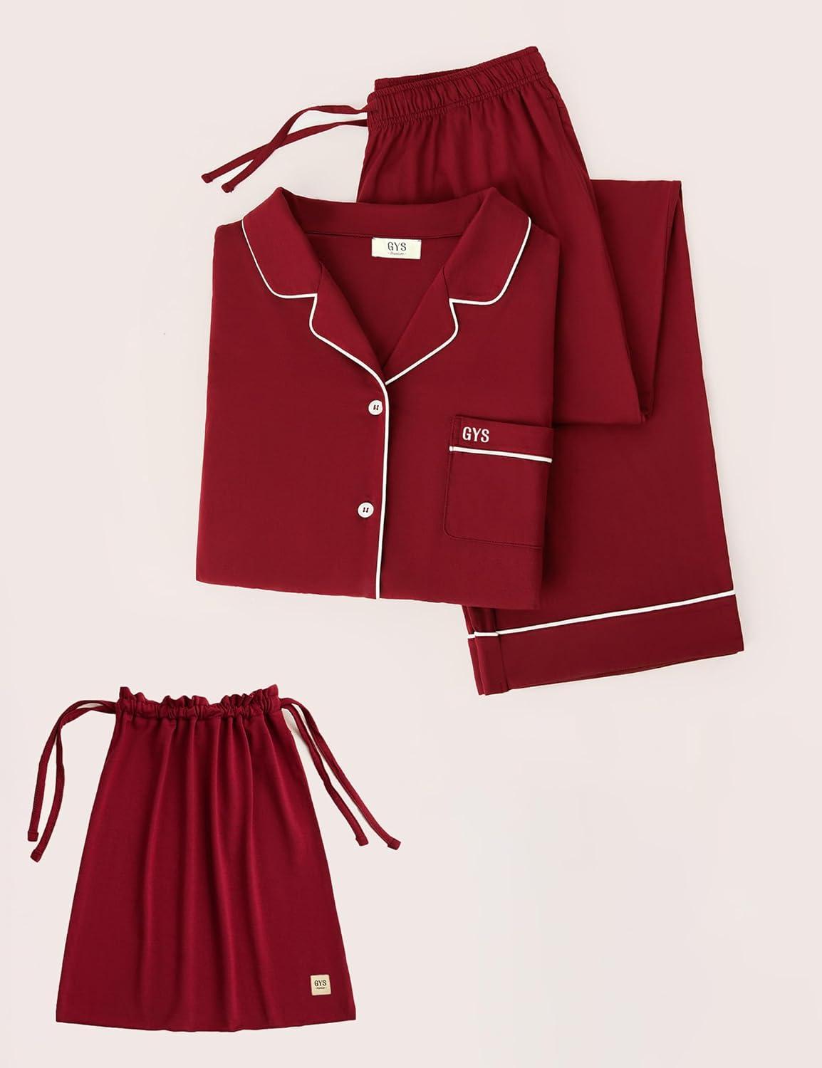 imageGYS Premium Bamboo Viscose Womens Pajama Sets Long Sleeve Button Down 2 Pieces Sleep SetsWine Red