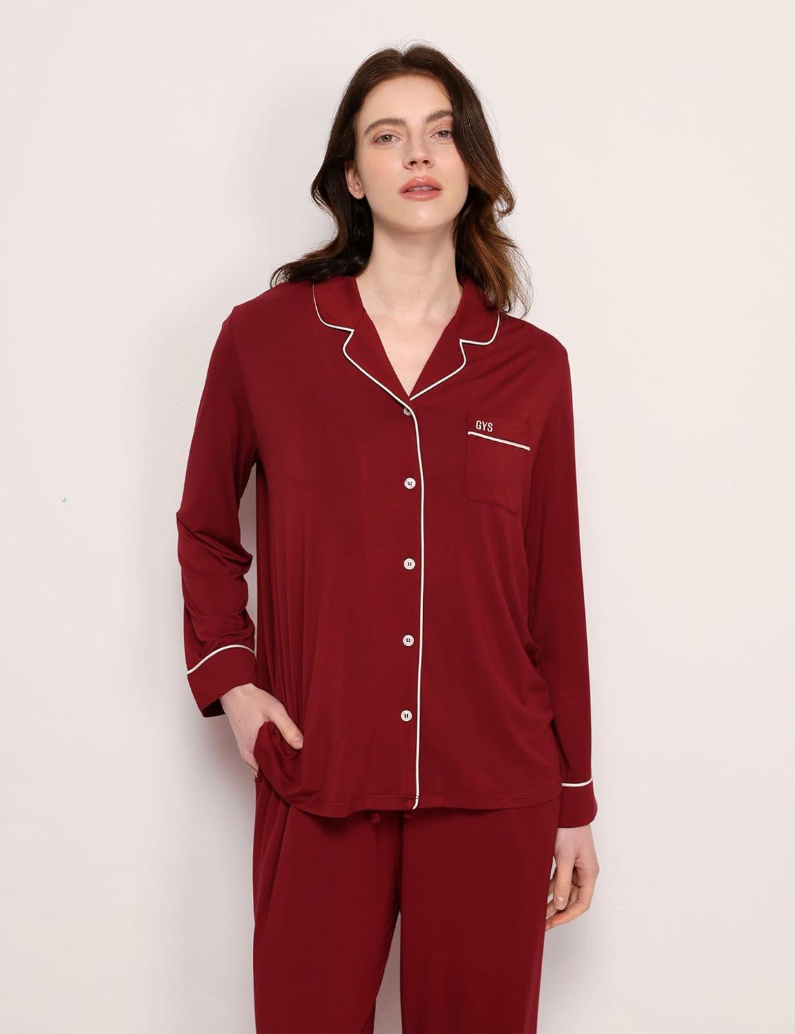 imageGYS Premium Bamboo Viscose Womens Pajama Sets Long Sleeve Button Down 2 Pieces Sleep SetsWine Red