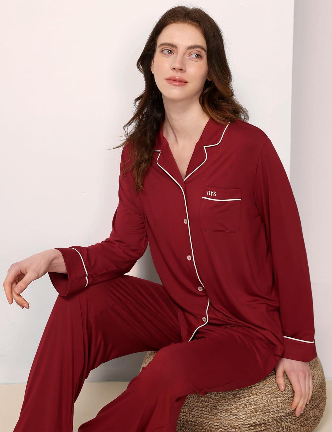 imageGYS Premium Bamboo Viscose Womens Pajama Sets Long Sleeve Button Down 2 Pieces Sleep SetsWine Red