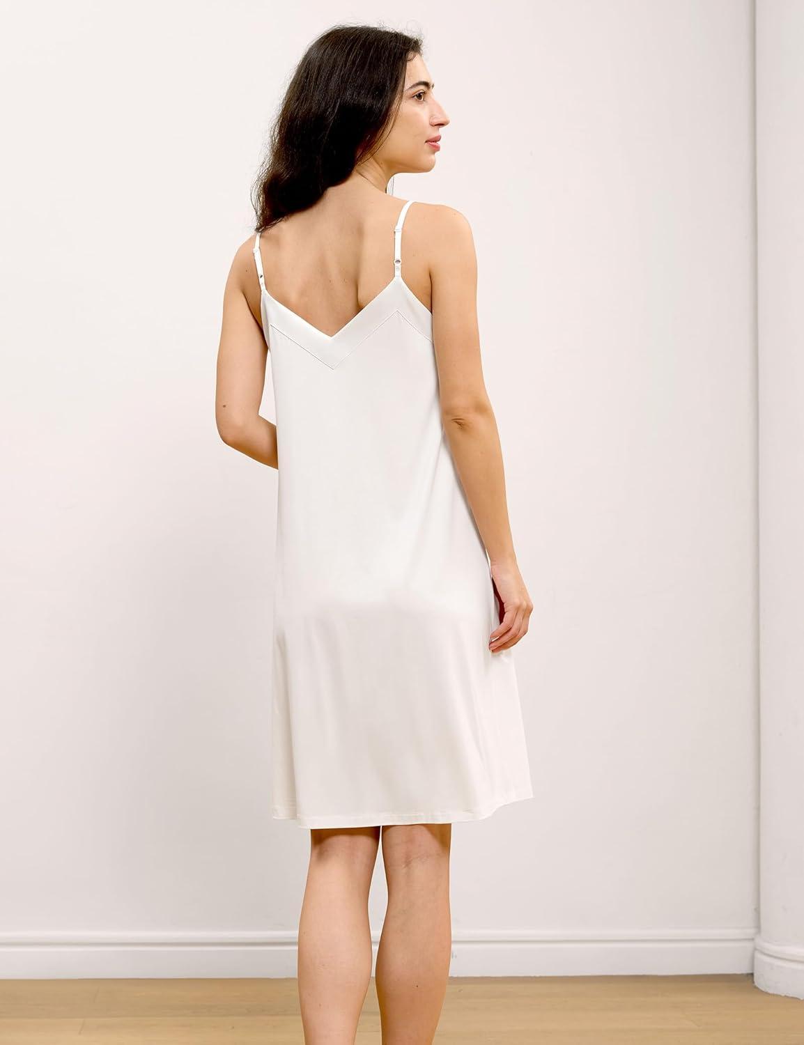 imageGYS Sleeveless Nightgowns for Women Bamboo Viscose Satin Vneck Spaghetti Straps Pajama DressWhite