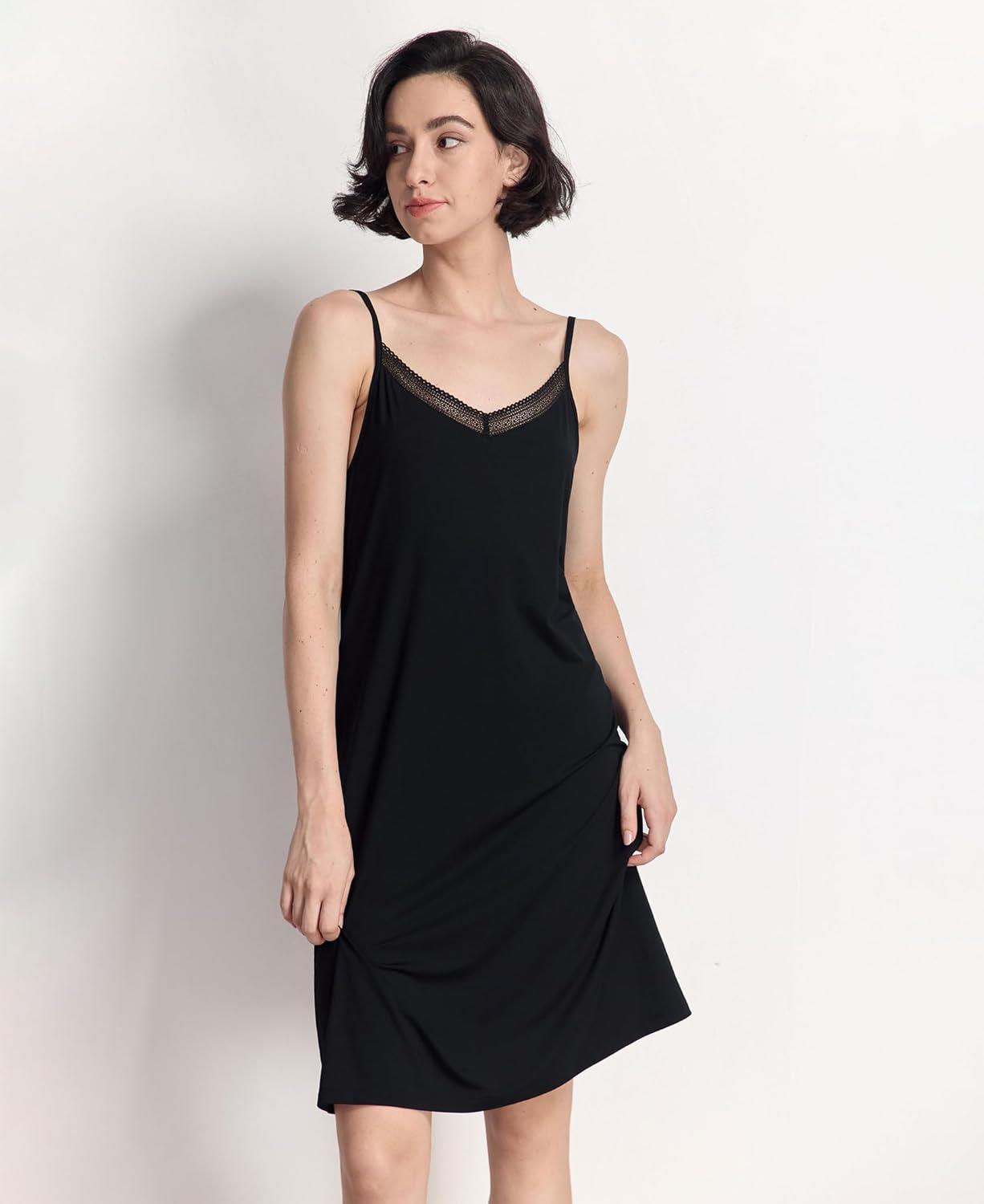 imageGYS Sleeveless Nightgowns for Women Soft Bamboo Viscose Full Slip Spaghetti Strap Camisole Under DressBlack