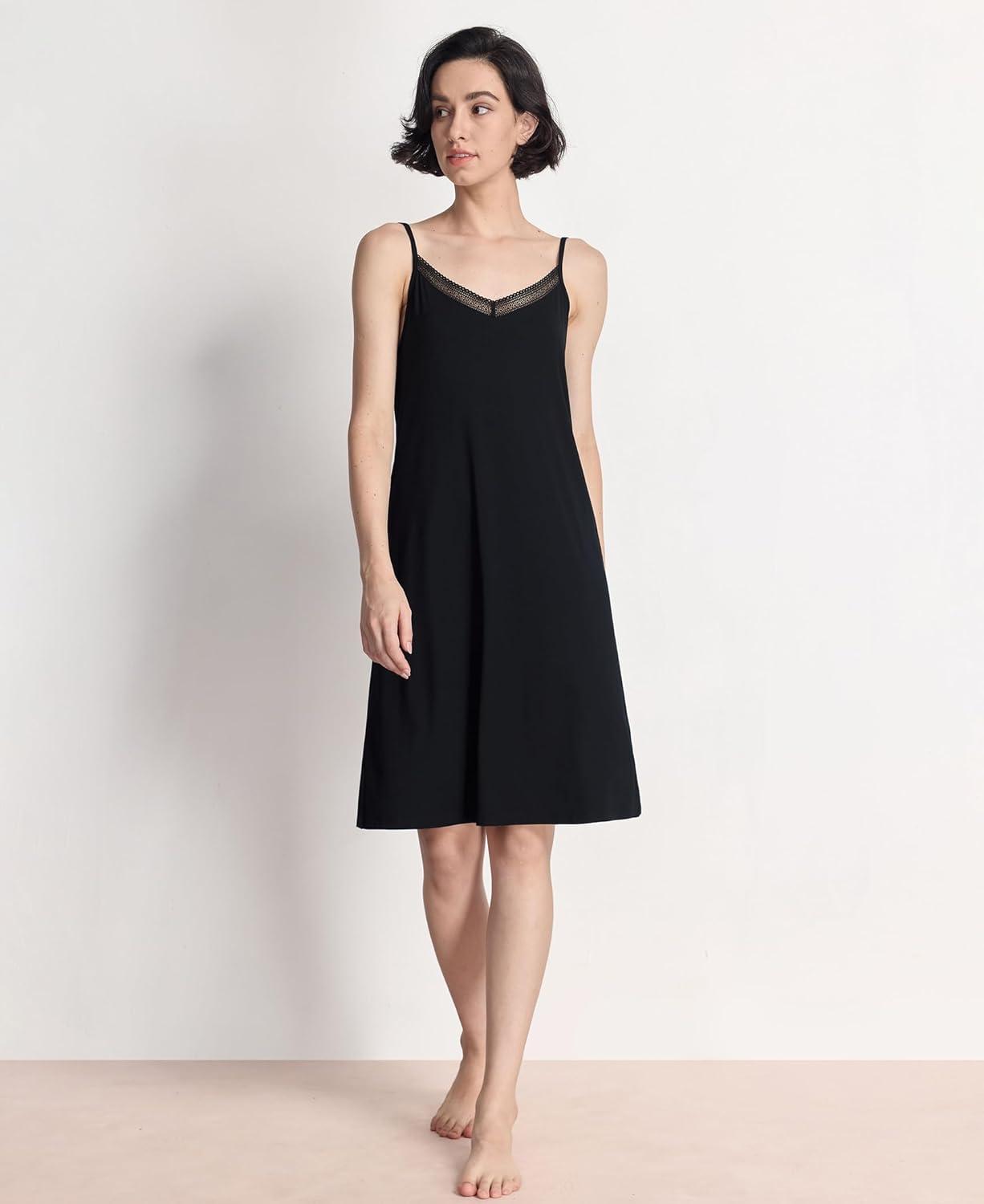 imageGYS Sleeveless Nightgowns for Women Soft Bamboo Viscose Full Slip Spaghetti Strap Camisole Under DressBlack