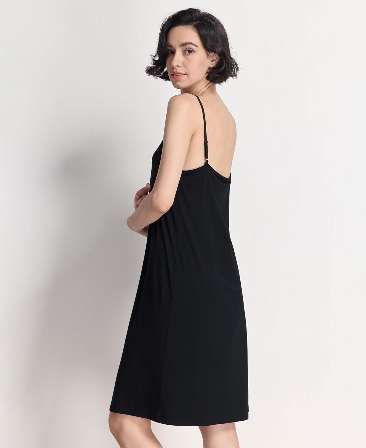imageGYS Sleeveless Nightgowns for Women Soft Bamboo Viscose Full Slip Spaghetti Strap Camisole Under DressBlack