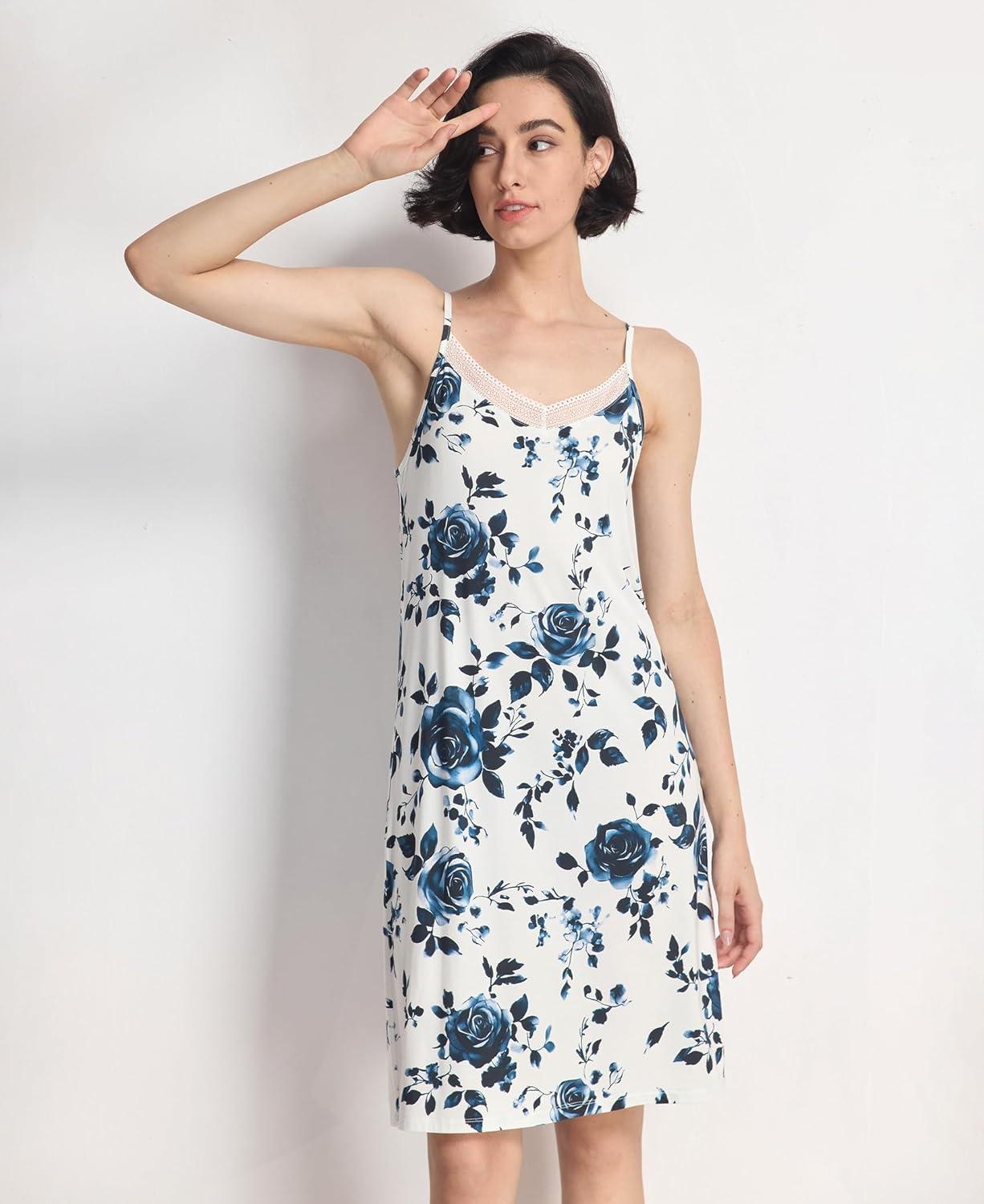 imageGYS Sleeveless Nightgowns for Women Soft Bamboo Viscose Full Slip Spaghetti Strap Camisole Under DressBlue Rose