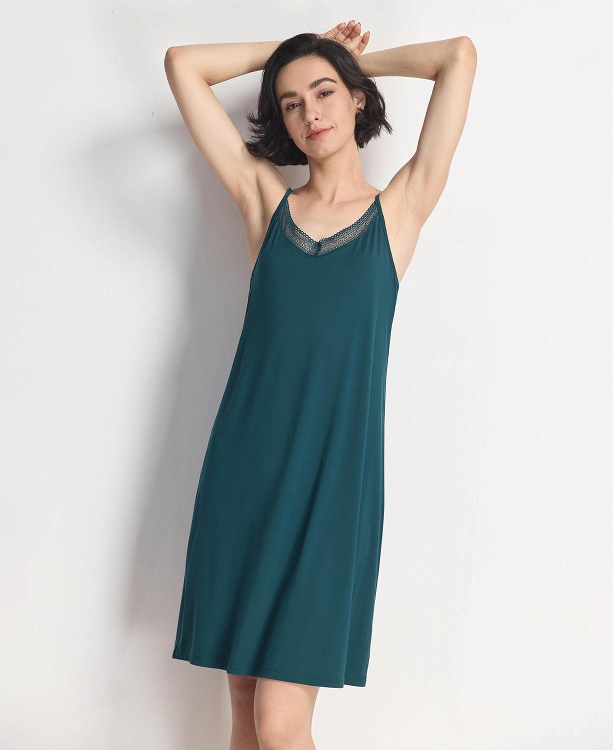 imageGYS Sleeveless Nightgowns for Women Soft Bamboo Viscose Full Slip Spaghetti Strap Camisole Under DressInk Blue