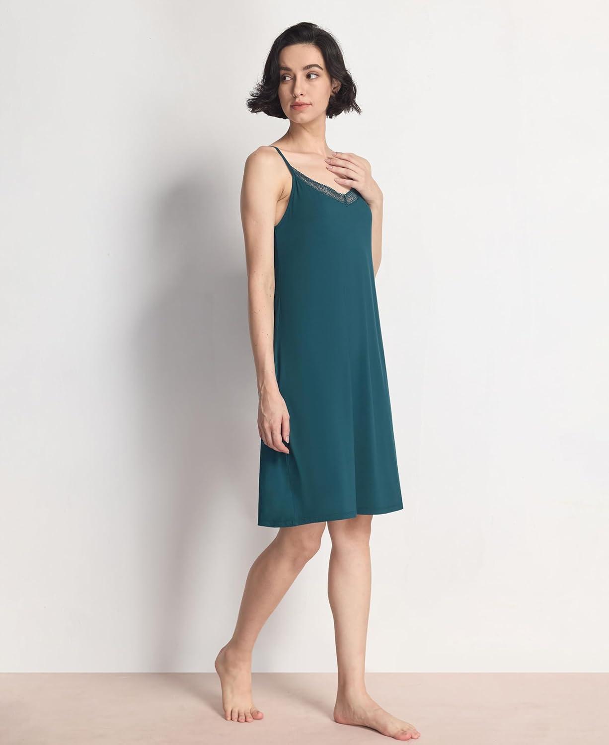 imageGYS Sleeveless Nightgowns for Women Soft Bamboo Viscose Full Slip Spaghetti Strap Camisole Under DressInk Blue