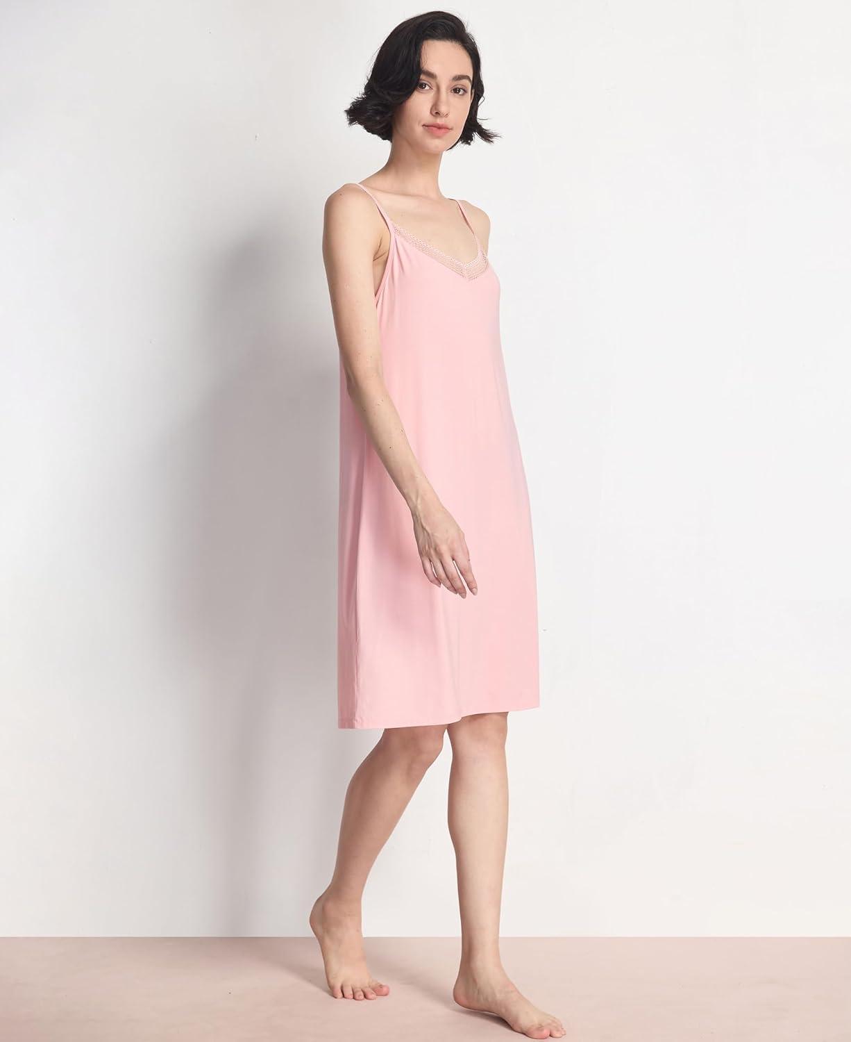 imageGYS Sleeveless Nightgowns for Women Soft Bamboo Viscose Full Slip Spaghetti Strap Camisole Under DressPink
