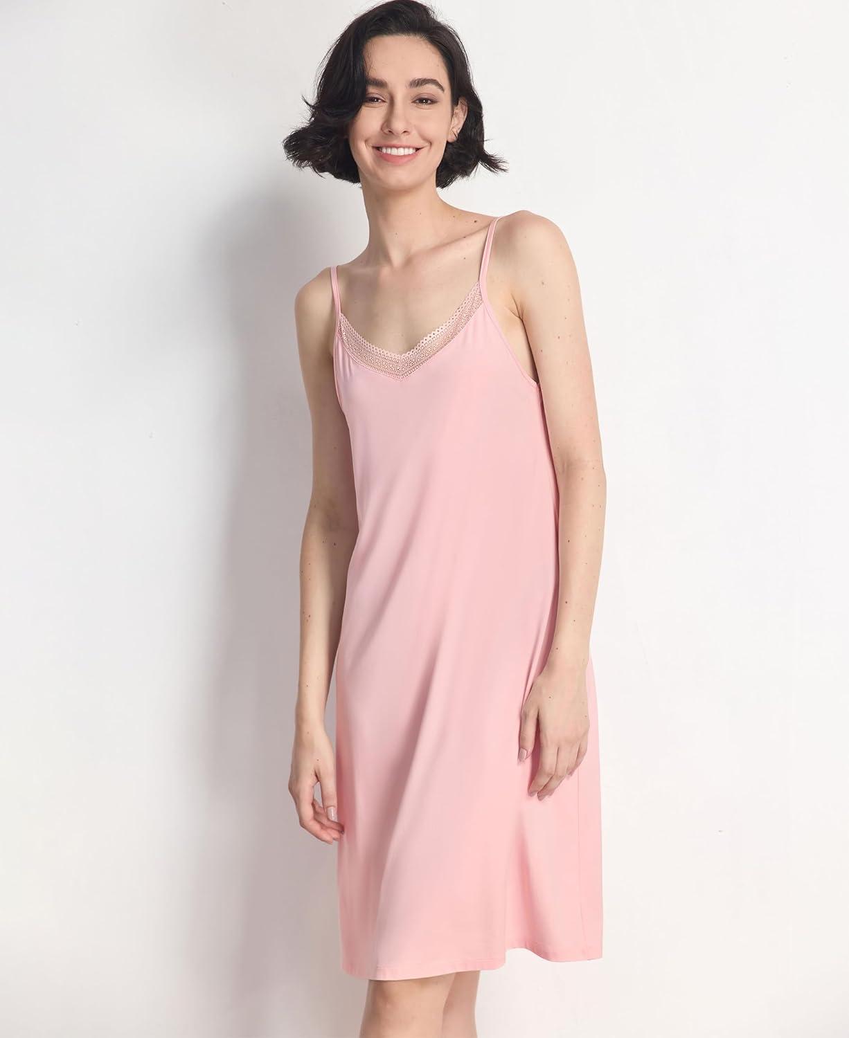 imageGYS Sleeveless Nightgowns for Women Soft Bamboo Viscose Full Slip Spaghetti Strap Camisole Under DressPink