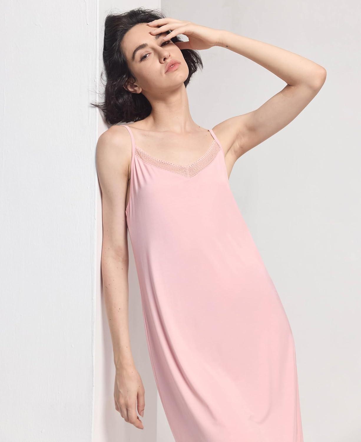 imageGYS Sleeveless Nightgowns for Women Soft Bamboo Viscose Full Slip Spaghetti Strap Camisole Under DressPink