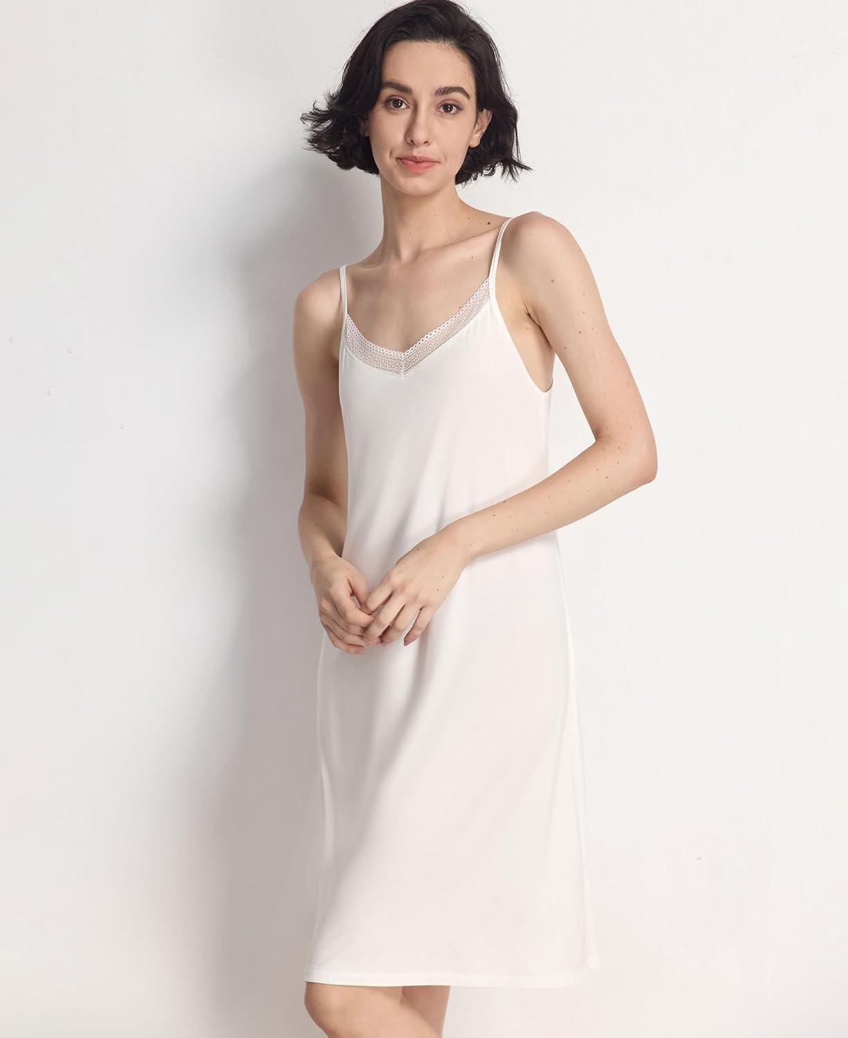 imageGYS Sleeveless Nightgowns for Women Soft Bamboo Viscose Full Slip Spaghetti Strap Camisole Under DressWhite