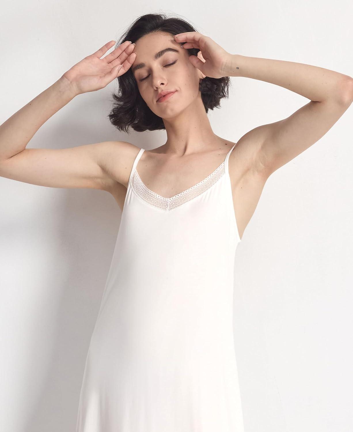 imageGYS Sleeveless Nightgowns for Women Soft Bamboo Viscose Full Slip Spaghetti Strap Camisole Under DressWhite