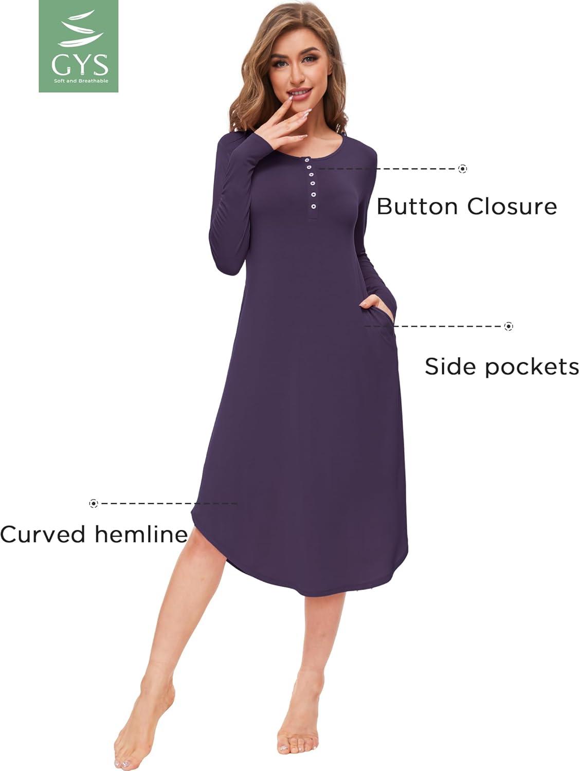 imageGYS Viscose Nightgowns for Women Soft Long Sleeve Sleep Shirt with Pockets Crewneck Nightdress SleepwearPurple
