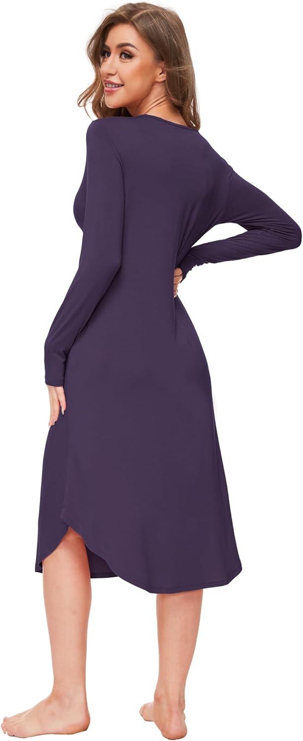 imageGYS Viscose Nightgowns for Women Soft Long Sleeve Sleep Shirt with Pockets Crewneck Nightdress SleepwearPurple