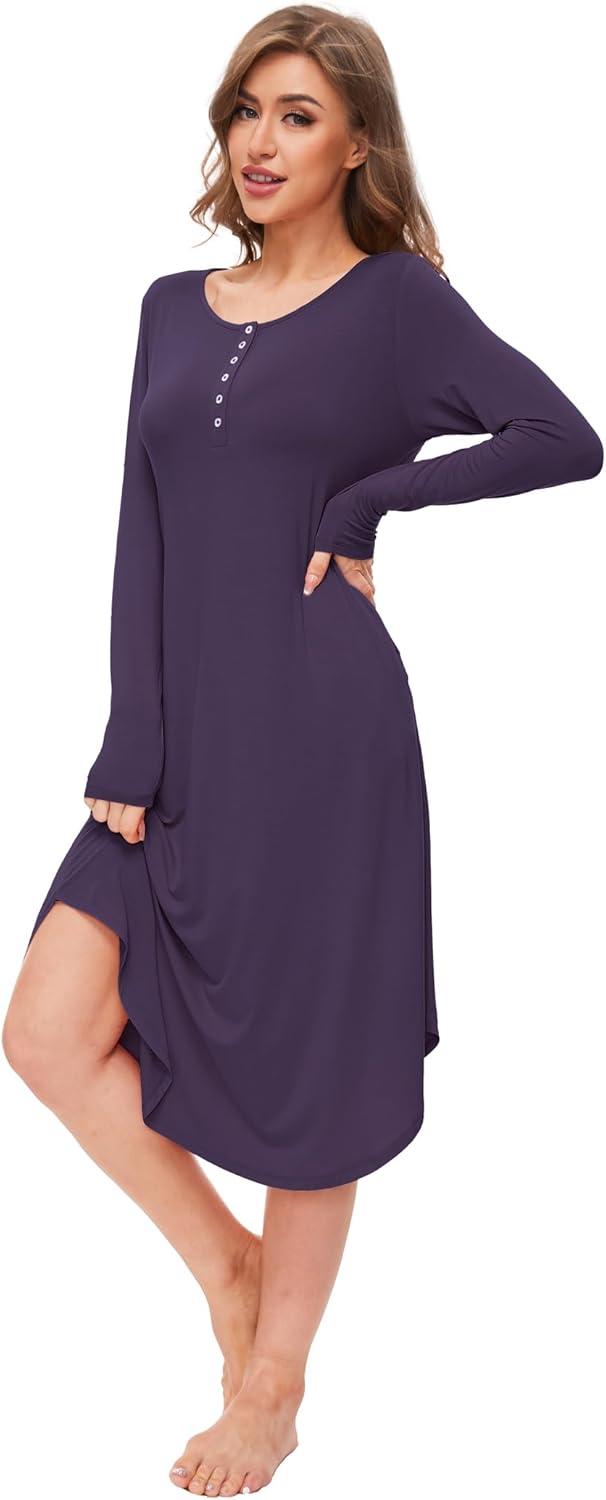 imageGYS Viscose Nightgowns for Women Soft Long Sleeve Sleep Shirt with Pockets Crewneck Nightdress SleepwearPurple