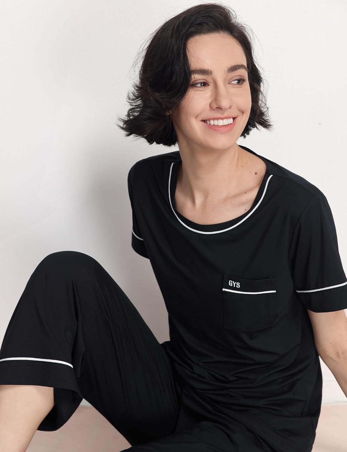 imageGYS Women Pajama Sets Bamboo Viscose Short Sleeve Top and Capri Pants 2 Piece Sleep SetBlack