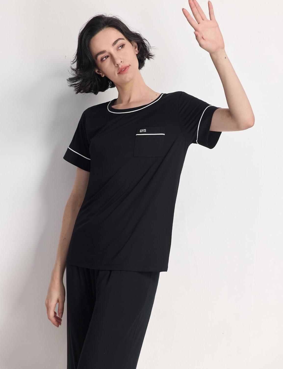 imageGYS Women Pajama Sets Bamboo Viscose Short Sleeve Top and Capri Pants 2 Piece Sleep SetBlack