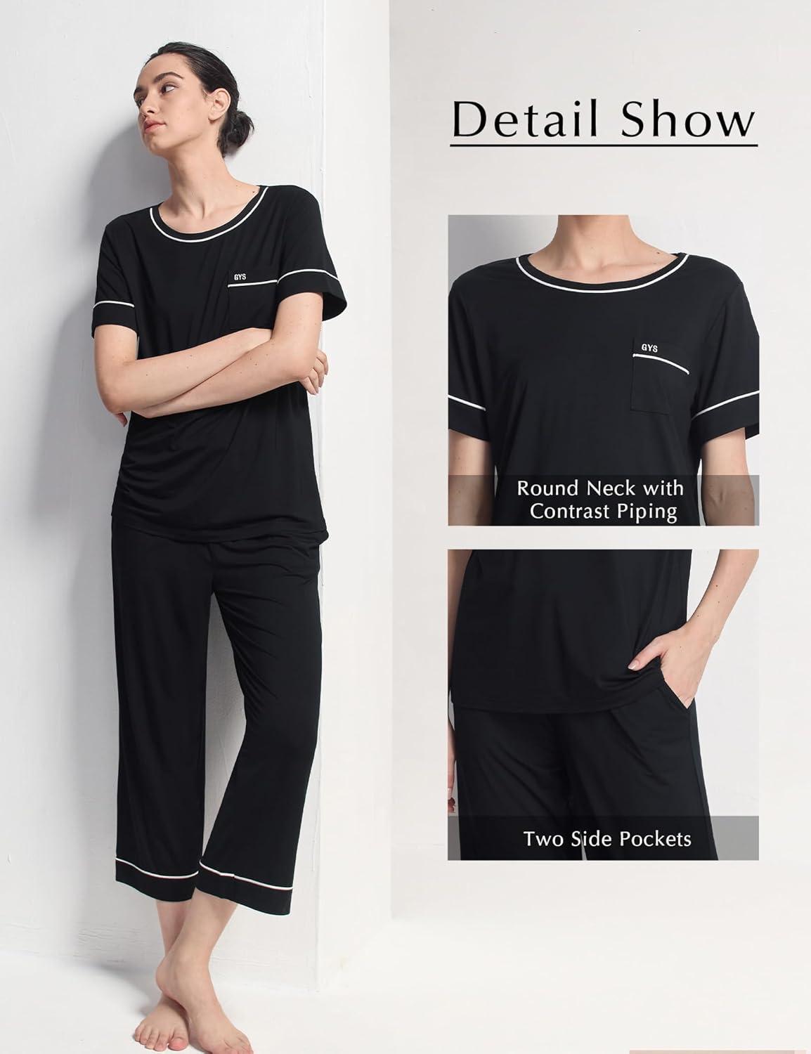 imageGYS Women Pajama Sets Bamboo Viscose Short Sleeve Top and Capri Pants 2 Piece Sleep SetBlack