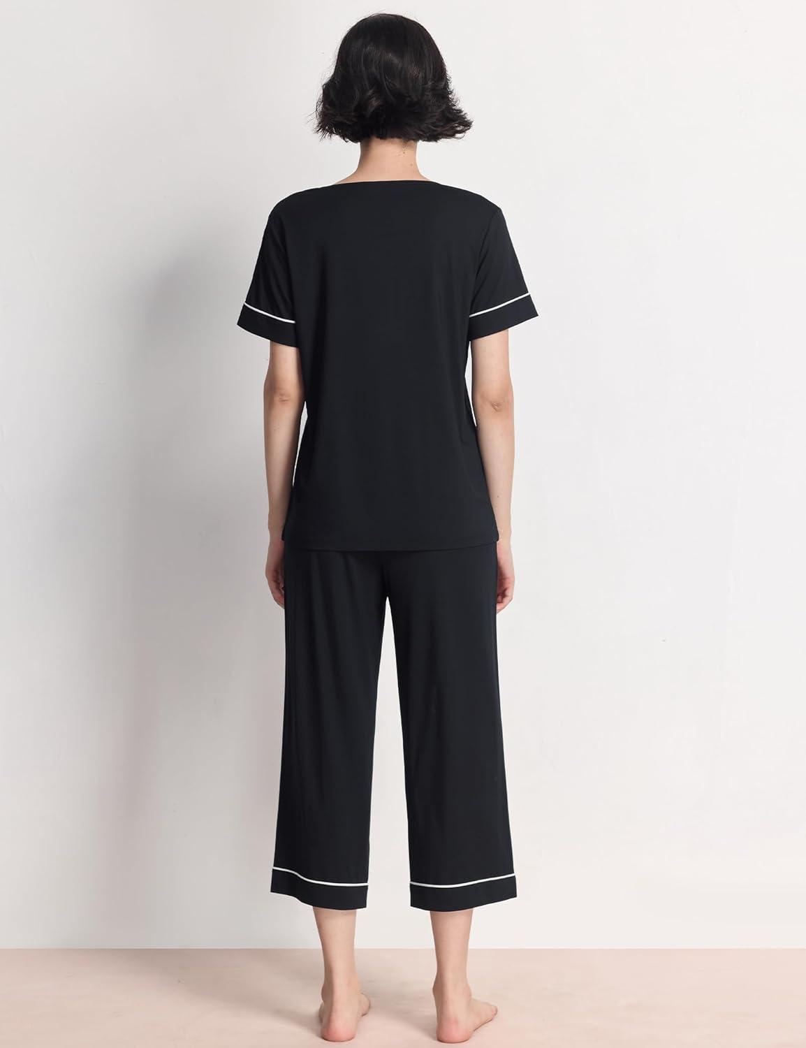 imageGYS Women Pajama Sets Bamboo Viscose Short Sleeve Top and Capri Pants 2 Piece Sleep SetBlack