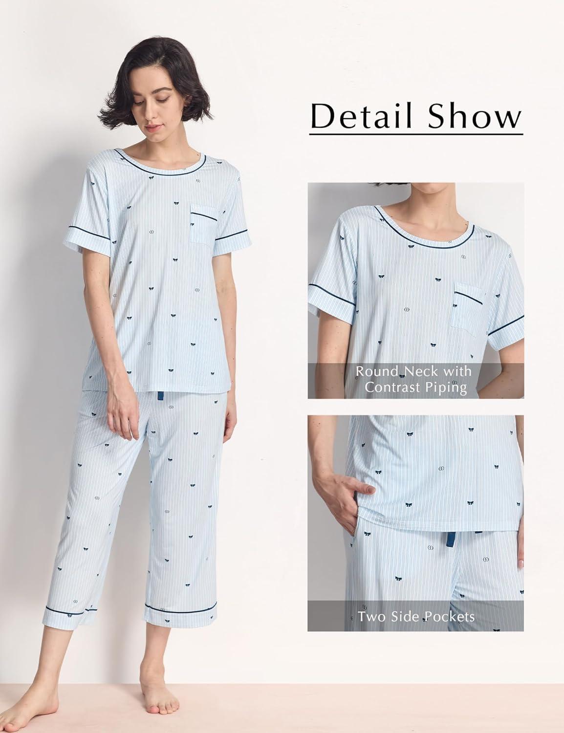 imageGYS Women Pajama Sets Bamboo Viscose Short Sleeve Top and Capri Pants 2 Piece Sleep SetBlue Stripes