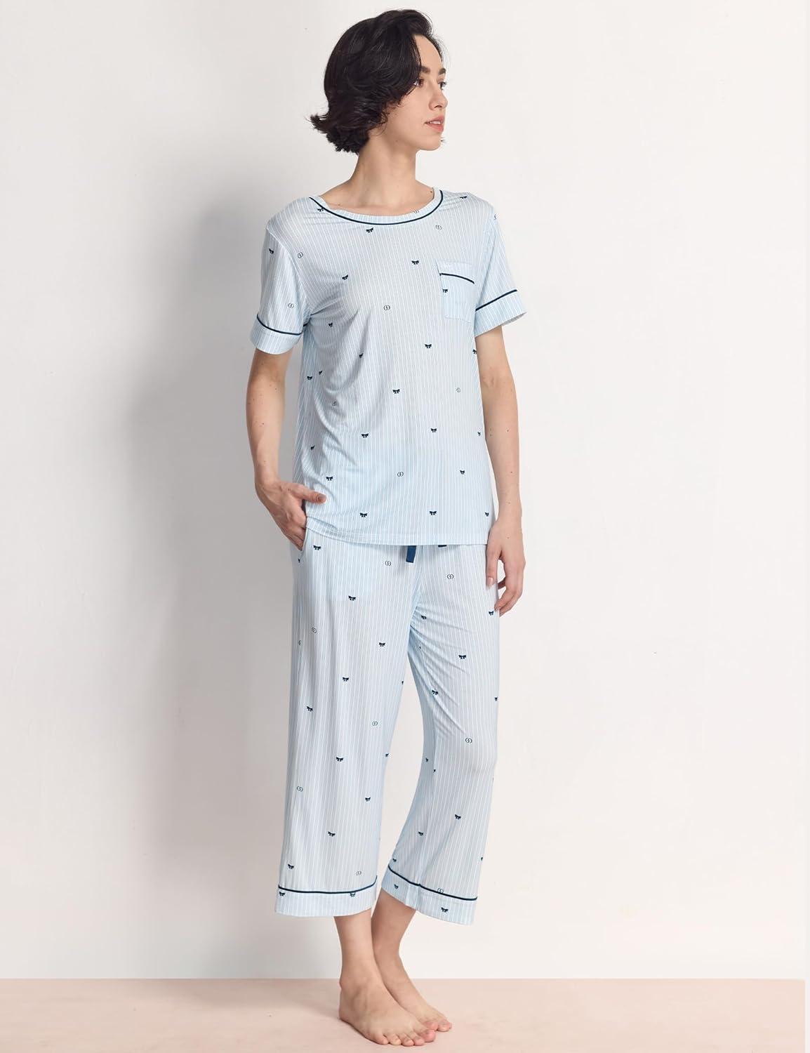 imageGYS Women Pajama Sets Bamboo Viscose Short Sleeve Top and Capri Pants 2 Piece Sleep SetBlue Stripes