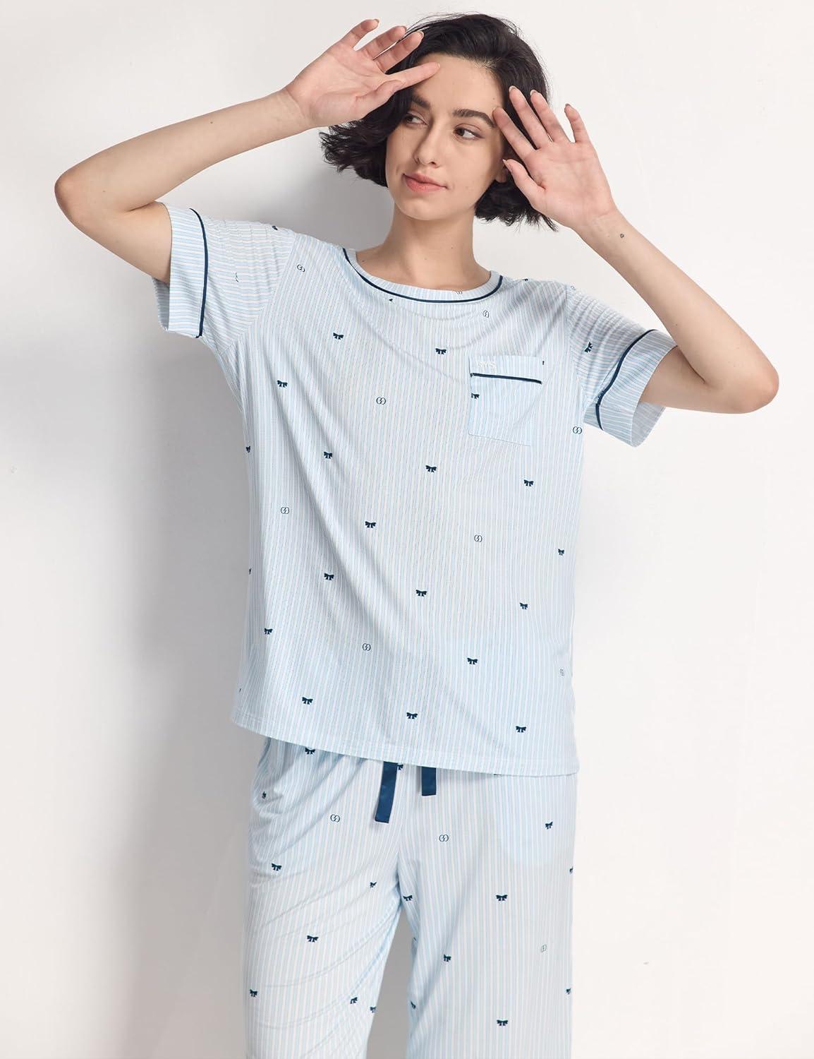 imageGYS Women Pajama Sets Bamboo Viscose Short Sleeve Top and Capri Pants 2 Piece Sleep SetBlue Stripes