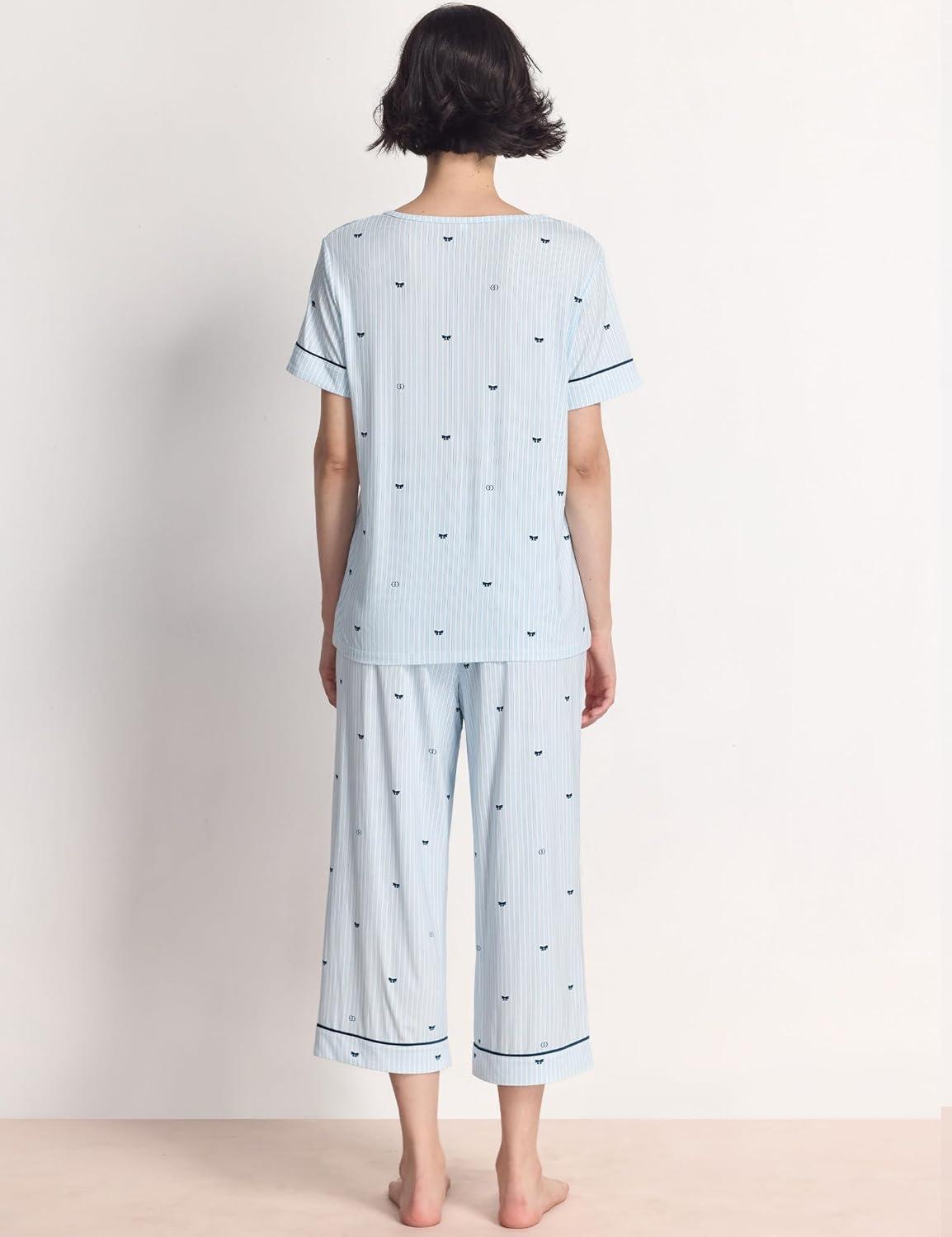 imageGYS Women Pajama Sets Bamboo Viscose Short Sleeve Top and Capri Pants 2 Piece Sleep SetBlue Stripes