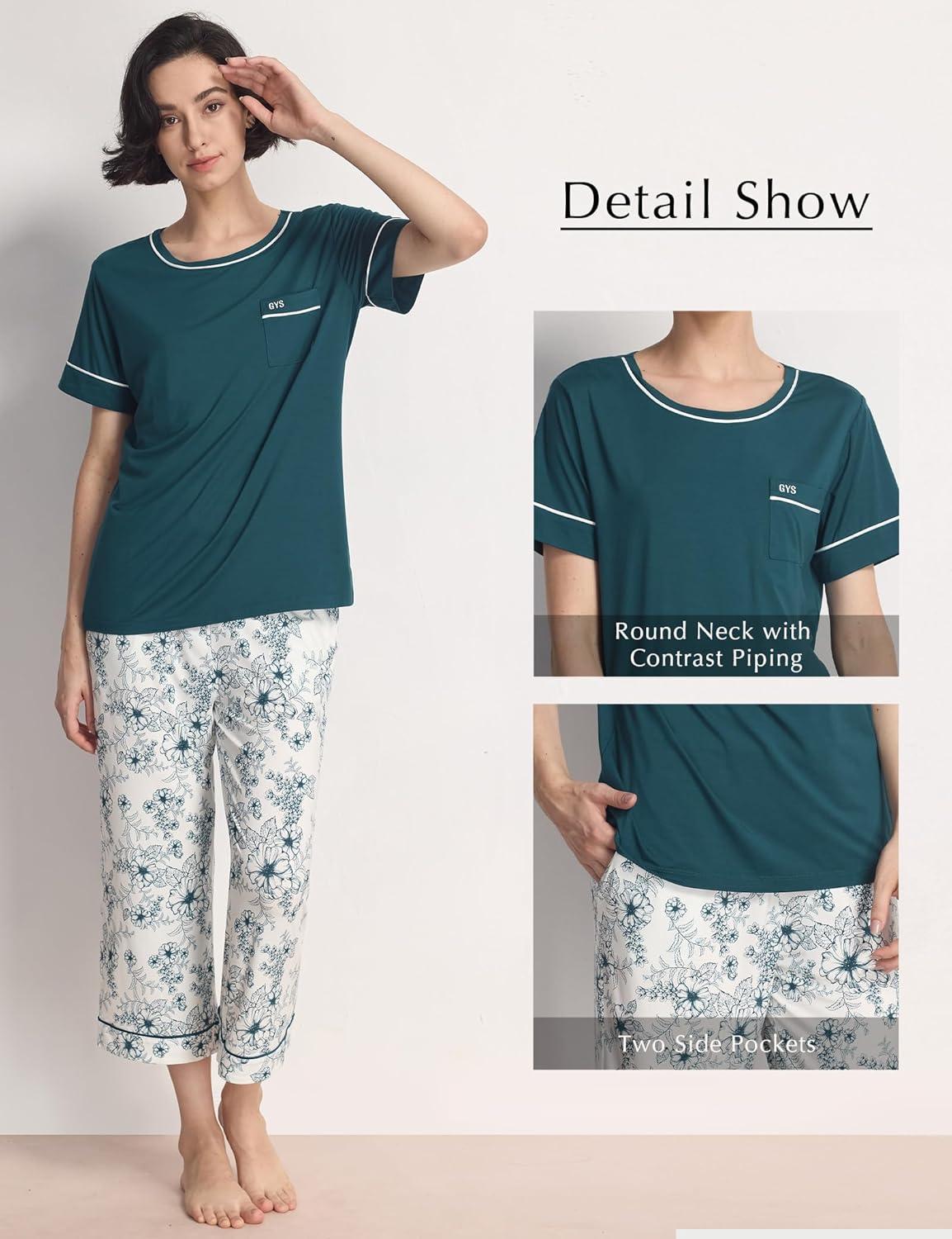 imageGYS Women Pajama Sets Bamboo Viscose Short Sleeve Top and Capri Pants 2 Piece Sleep SetInk Blue Floral